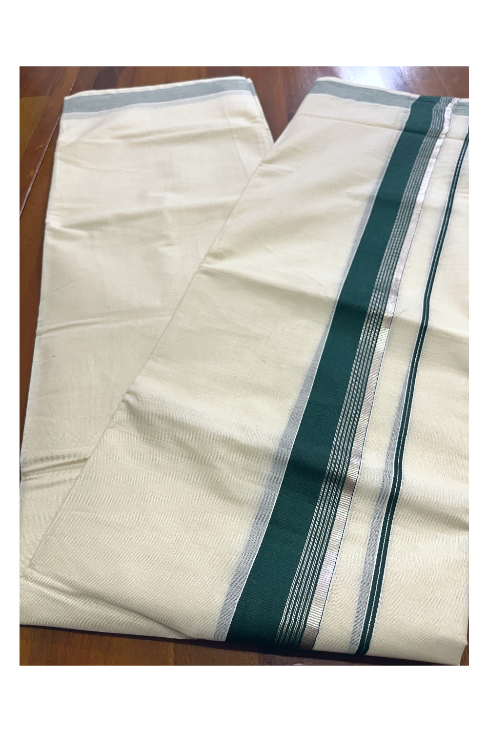 Off White Kerala Cotton Double Mundu with Silver Kasavu and Dark Green Border (South Indian Kerala Dhoti)