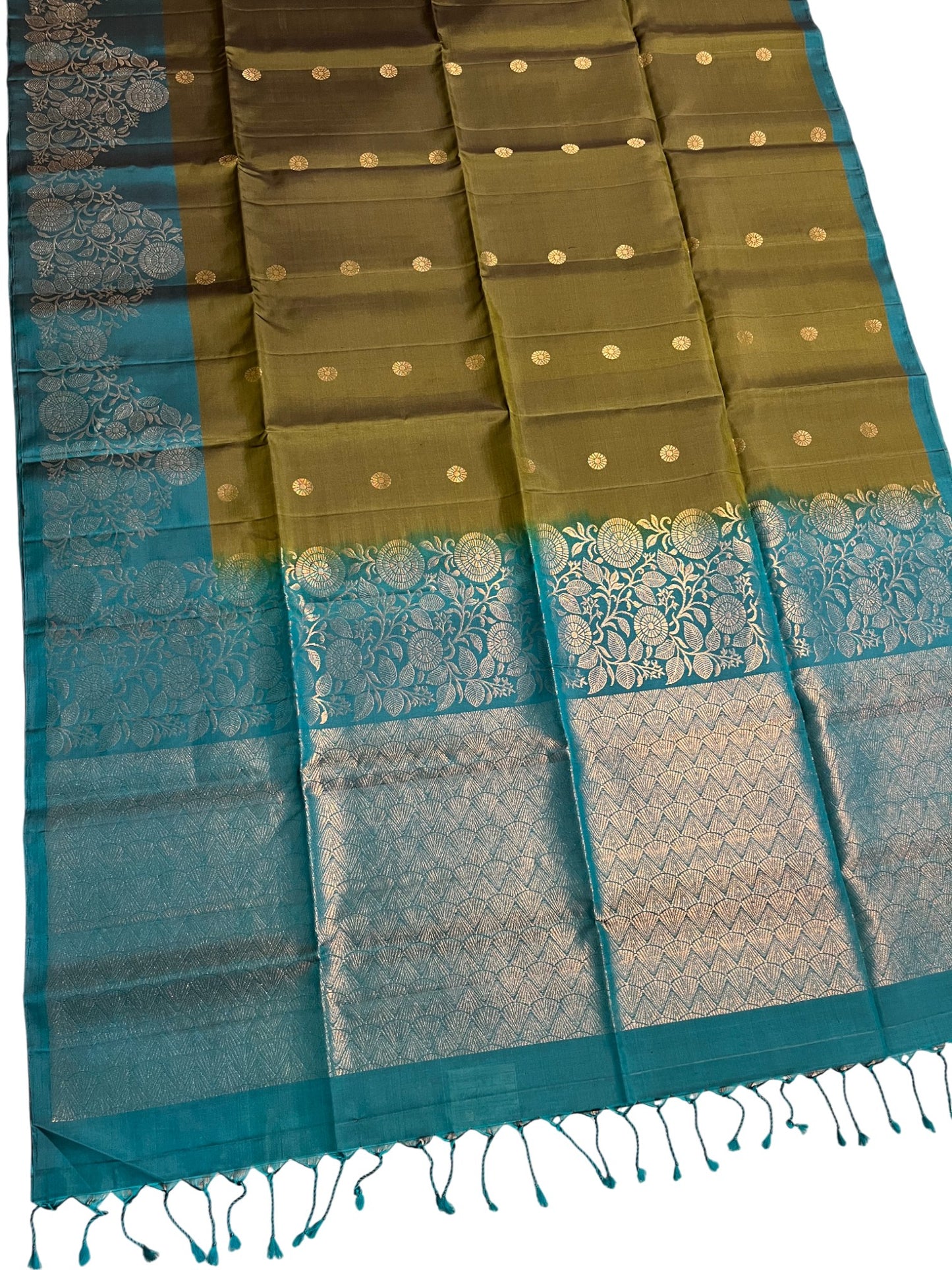Southloom Pure Handloom Bridal Kanchipuram Silk Saree with Korvai Work (Blue & Green)