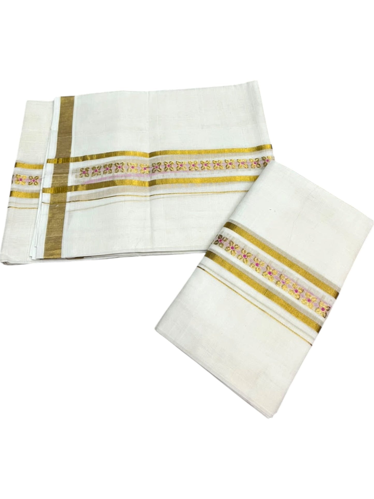 Southloom Premium Cotton Handloom Set Mundu With Pink Woven Dots Design And Golde Kasavu Border (2.80 Mtr) SL632
