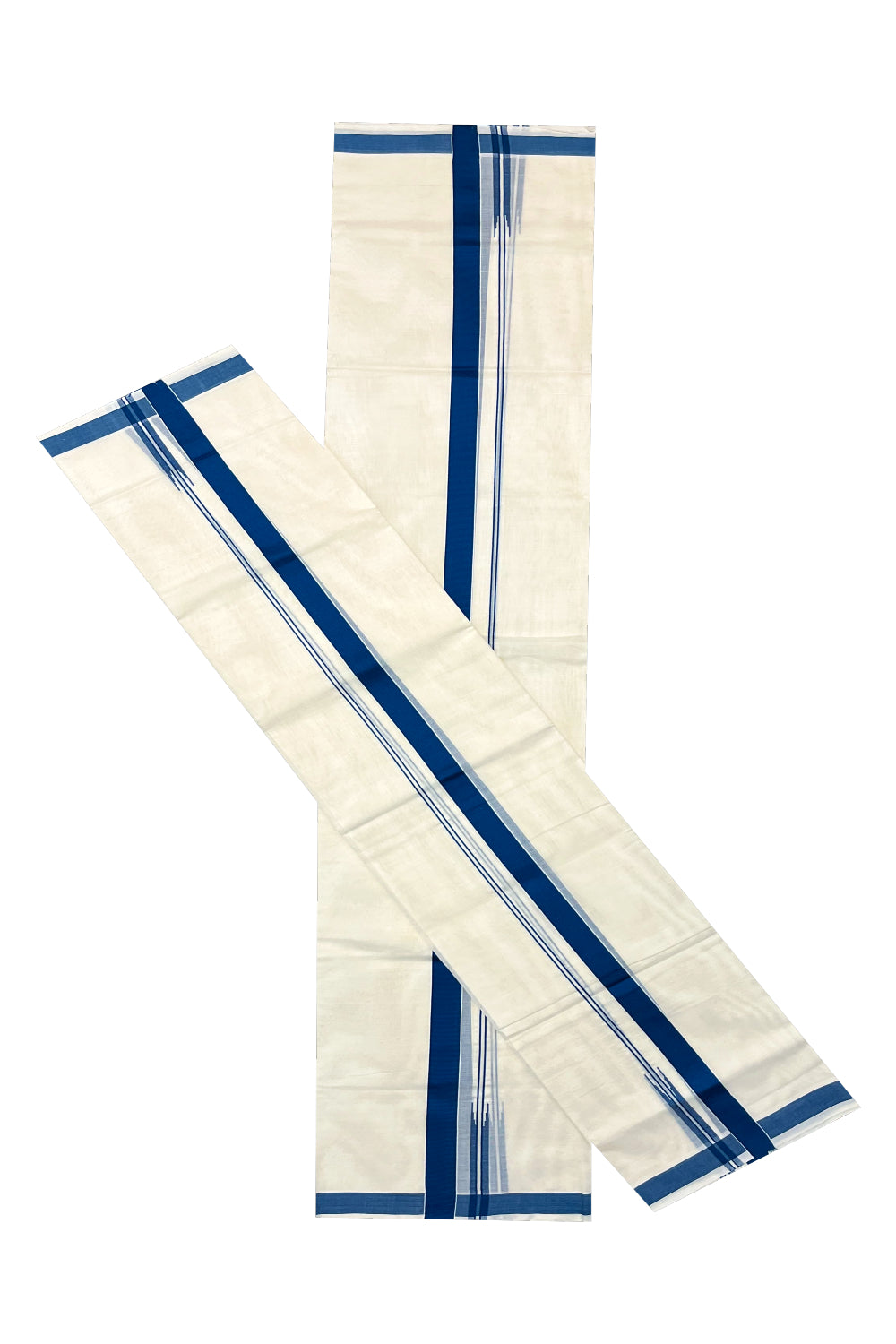 Kerala Pure Cotton Handloom Premium Mundum Neriyathum Single (Set Mundu) with 1 inch Dark Blue and Chutti Design Border