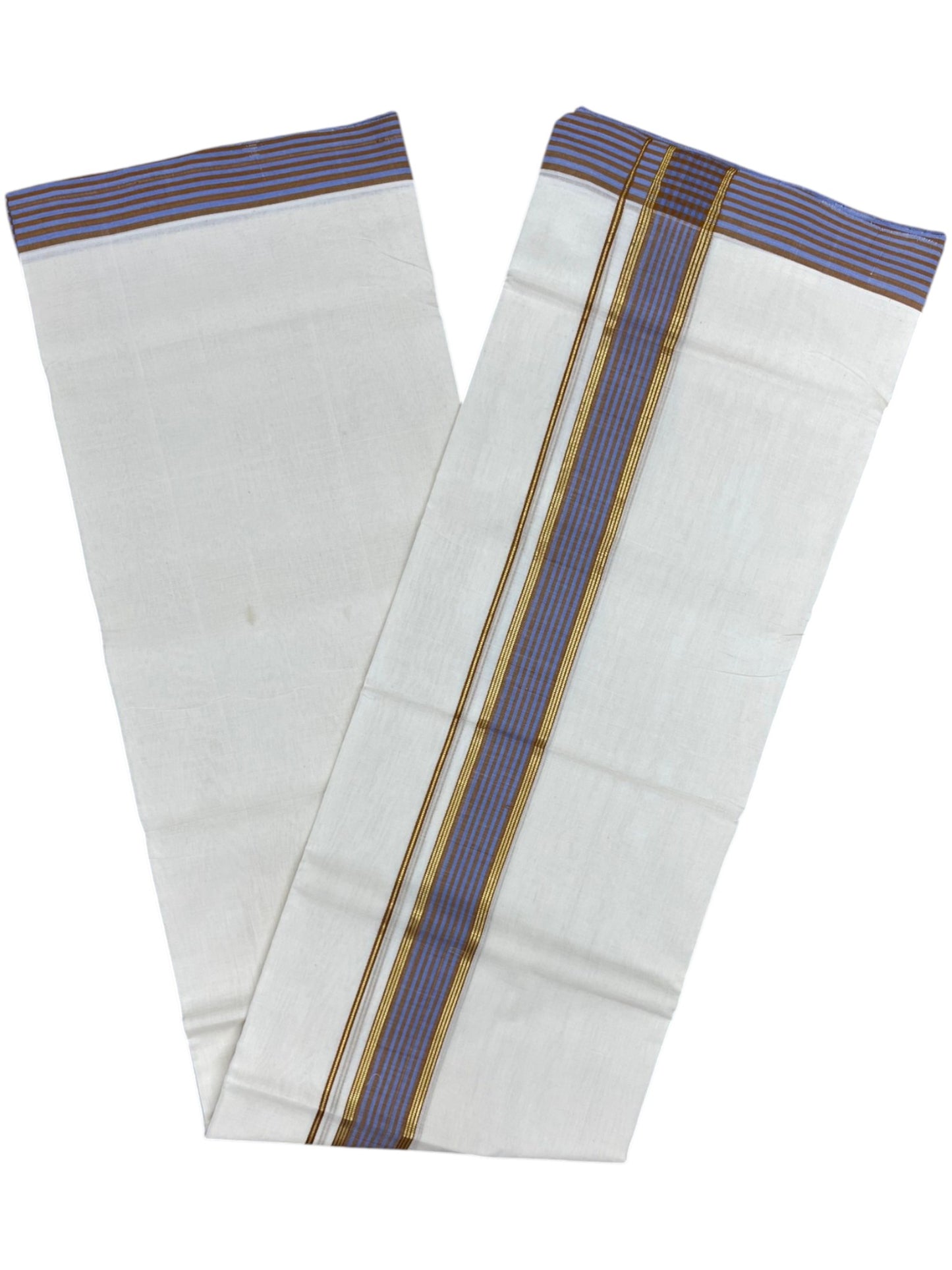 Southloom Unakkupaavu Premium Handloom Cotton Double Mundu with Gold Kasavu and Blue and Yellow Border