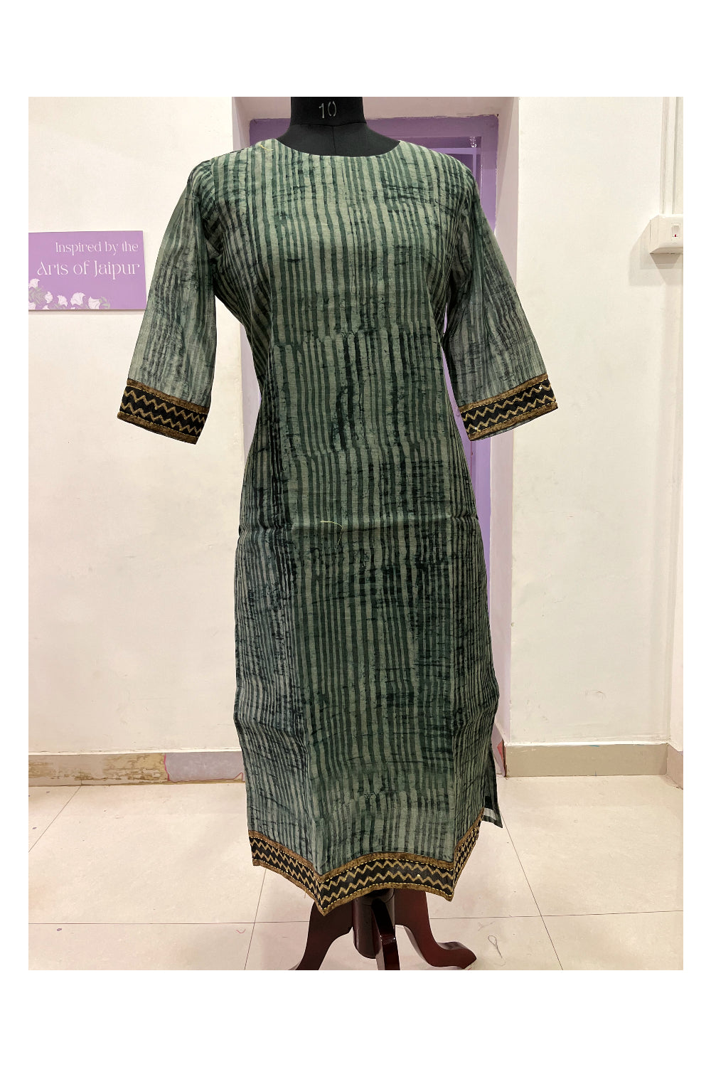 Southloom Stitched Chanderi Silk Salwar Set in Green Lines Prints