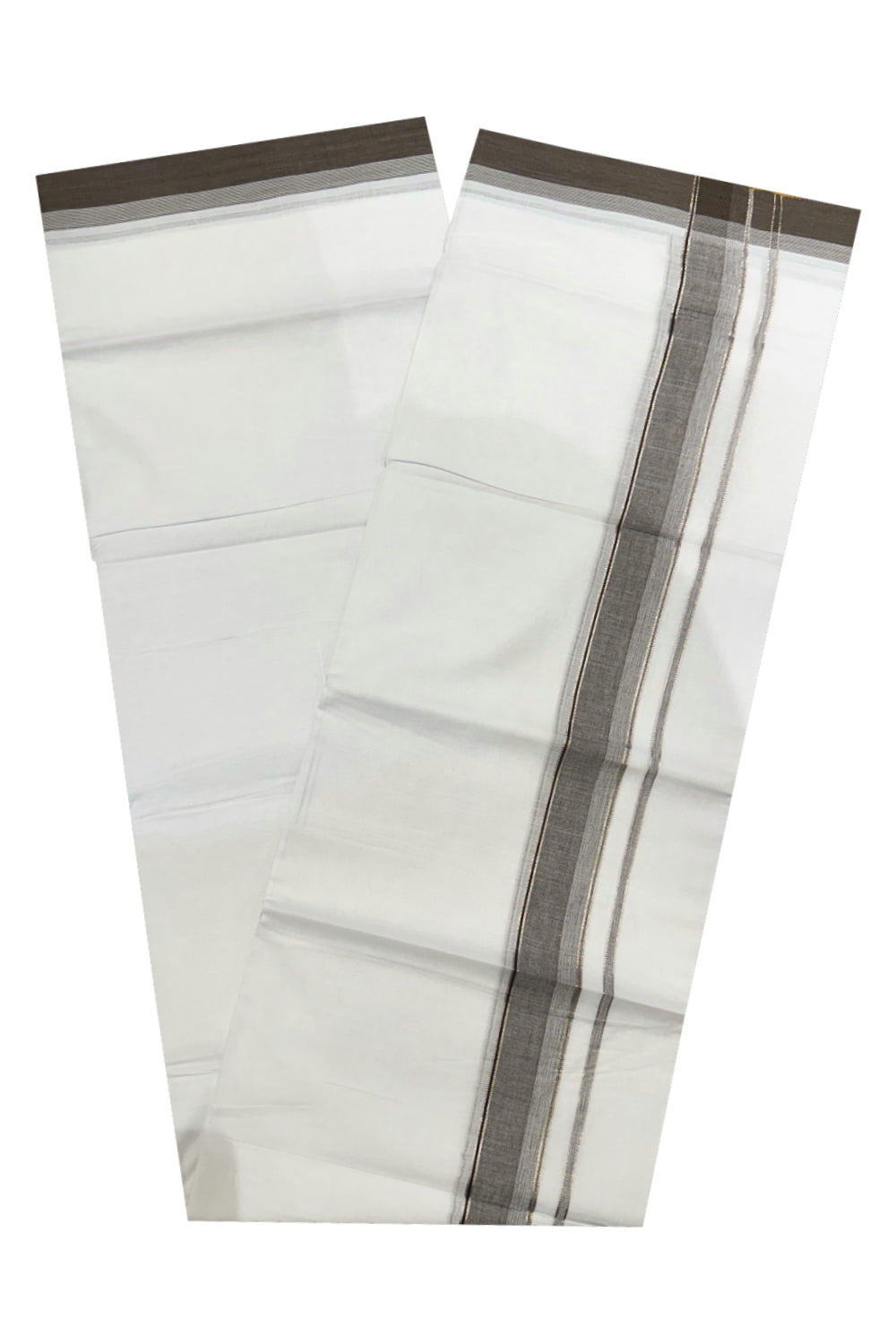 Pure White Cotton Double Mundu with Brown and Silver Kasavu Border (South Indian Kerala Dhoti)