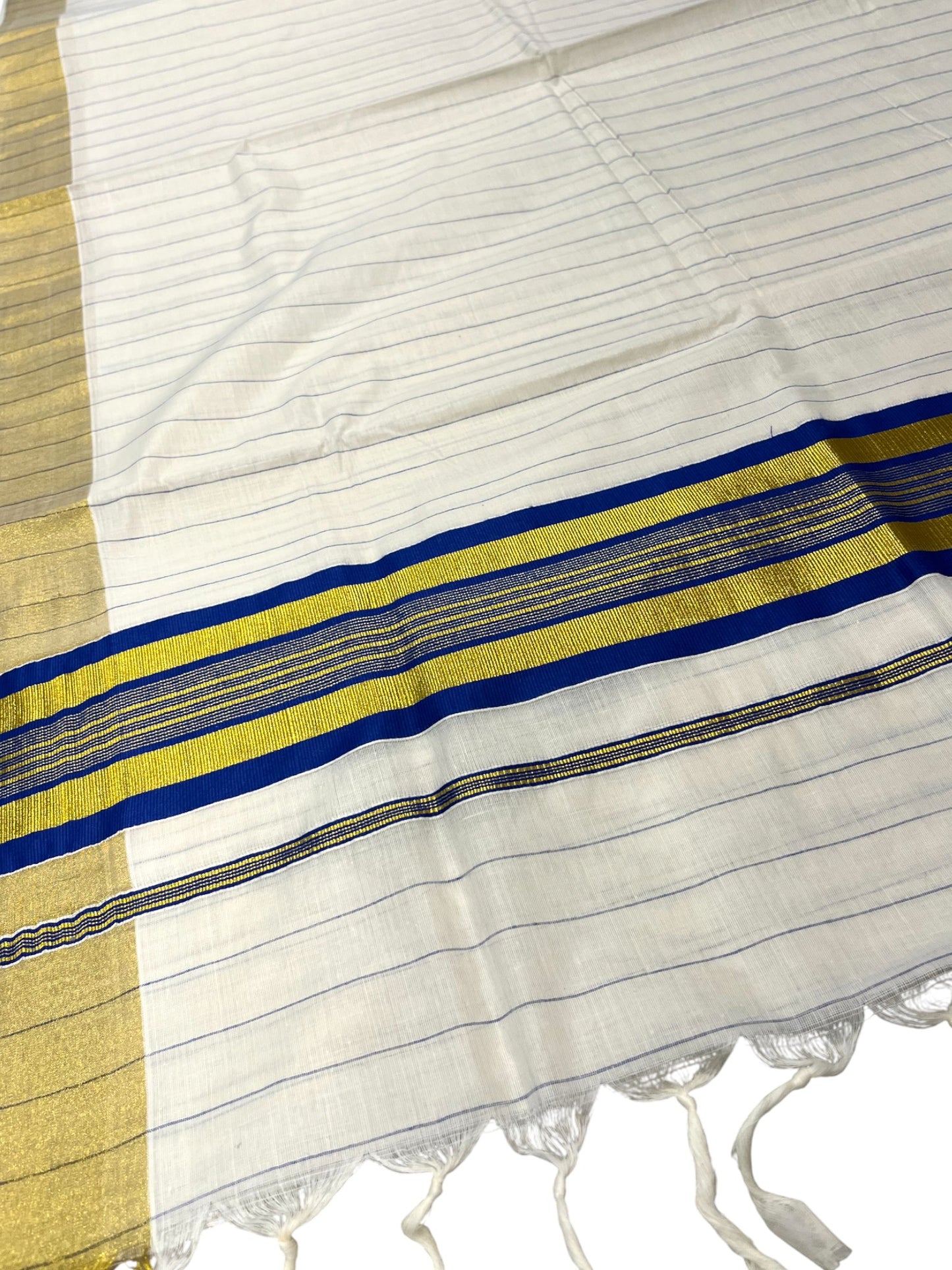 Southloom Kerala Cotton Kasavu Saree with Gold And Blue Lines on Body