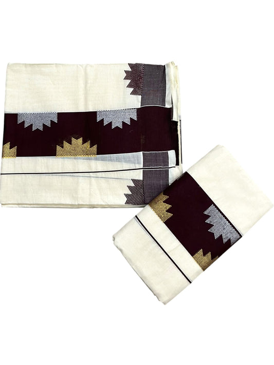 Southloom Pure Cotton Single Set Mundu (Mundum Neriyathum) Temple Design & Brown Border 2.80 Mtrs SL631