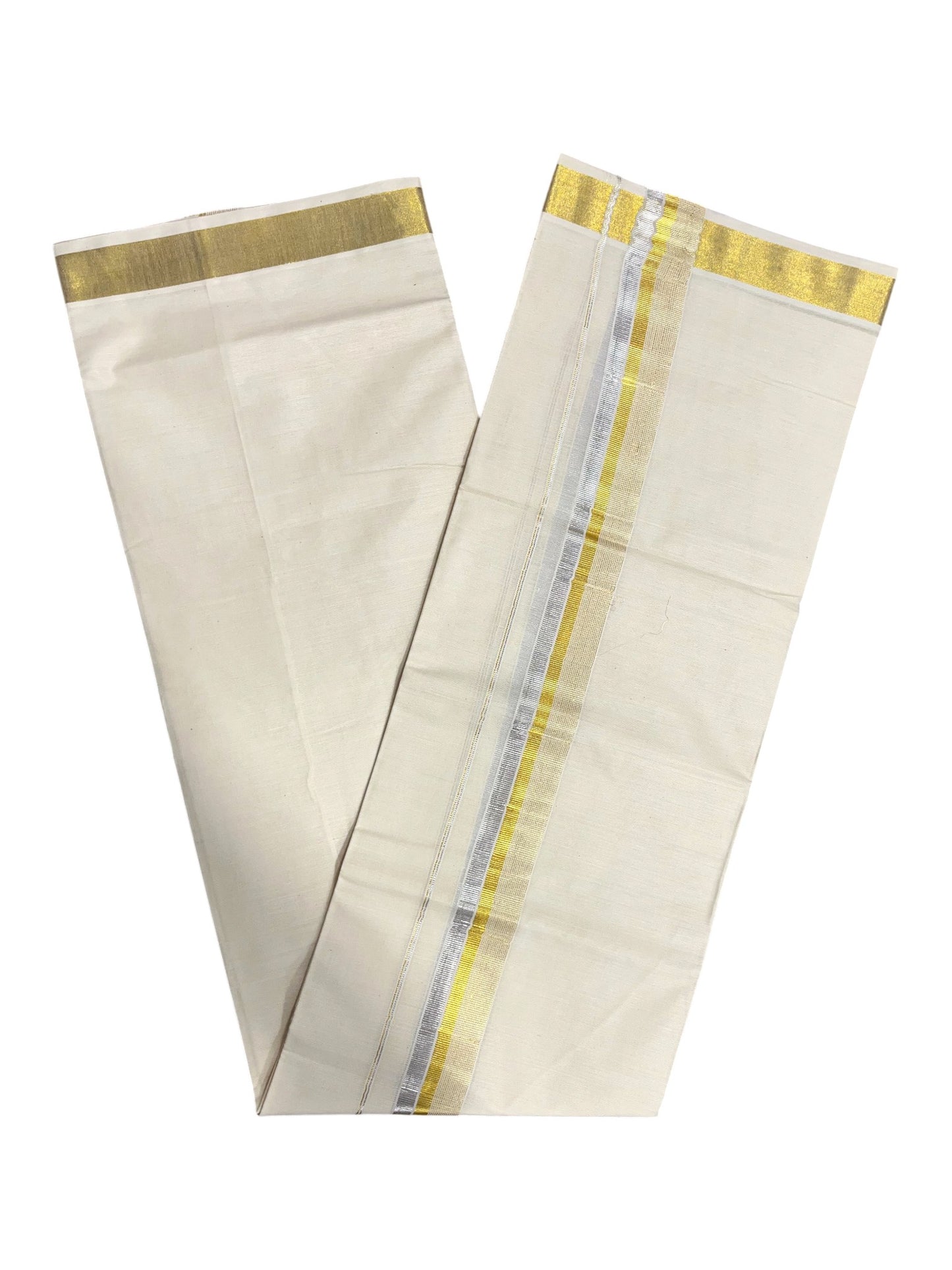 Southloom Kerala Pure Cotton Double Mundu with Silver Lines and Gold Border (South Indian Dhoti)