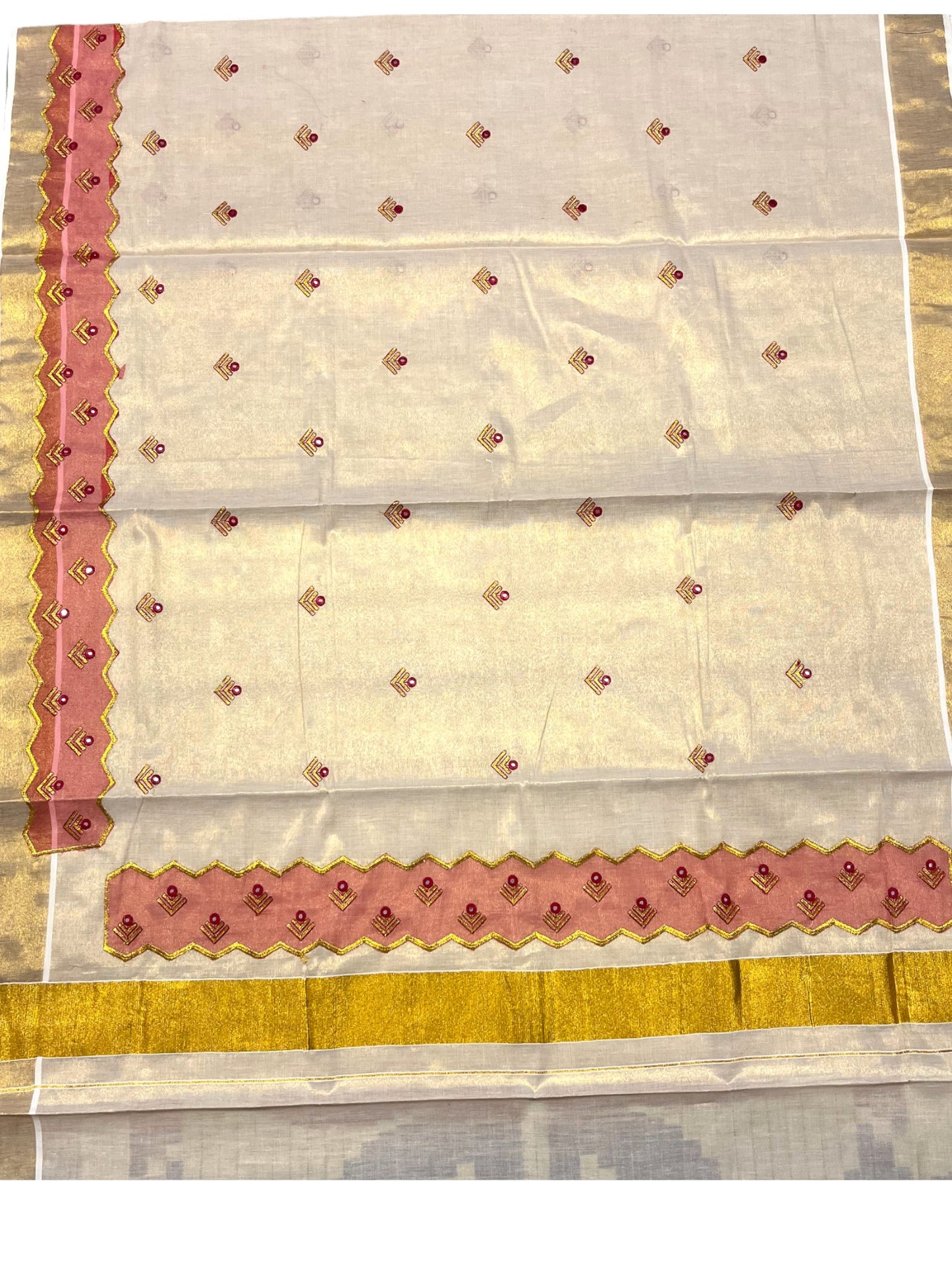 Southloom Tissue Kerala Kasavu Saree with Embroidery Design