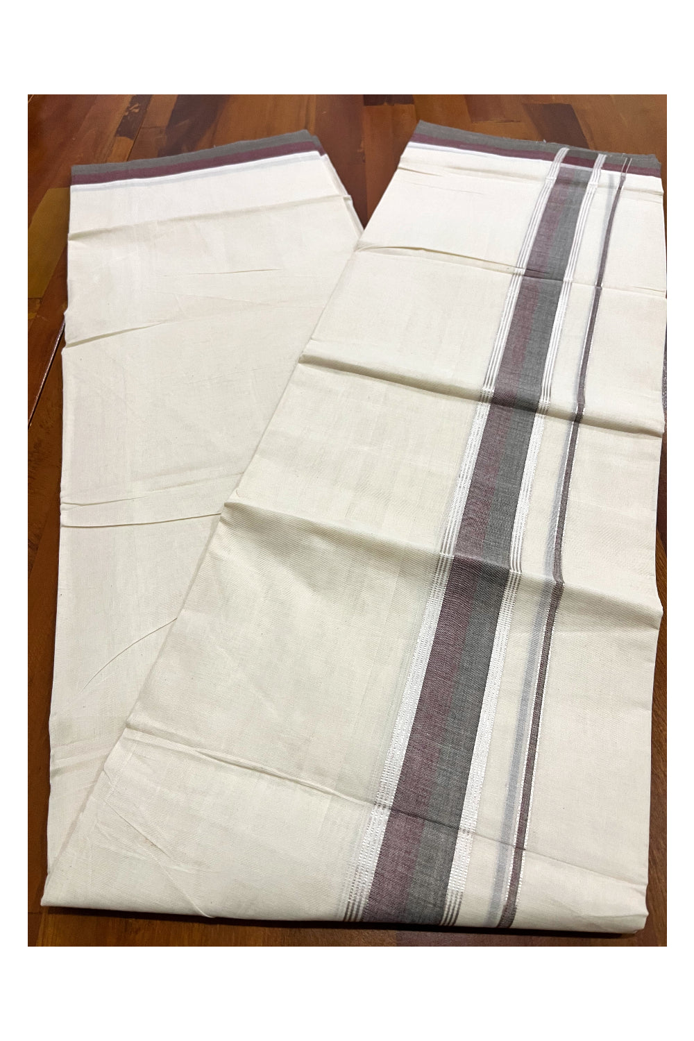 Kerala Pure Cotton Double Mundu with Maroon Grey and Silver Kasavu Border (South Indian Kerala Dhoti)