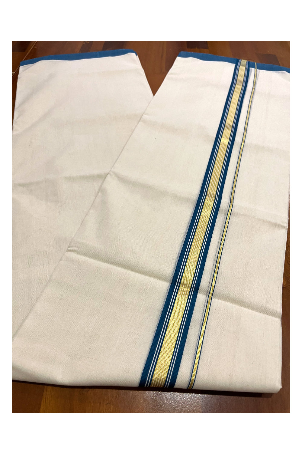 Southloom Premium Balaramapuram Unakkupaavu Handloom Mundu with Teal Blue and Kasavu Border (South Indian Kerala Dhoti)