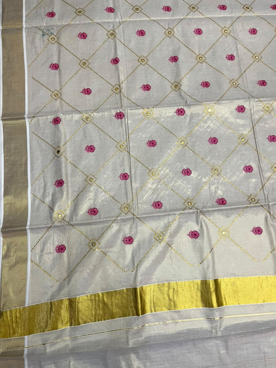 Southloom Kerala Tissue Kasavu Saree with Floral Embroidery Work on Body in Pink