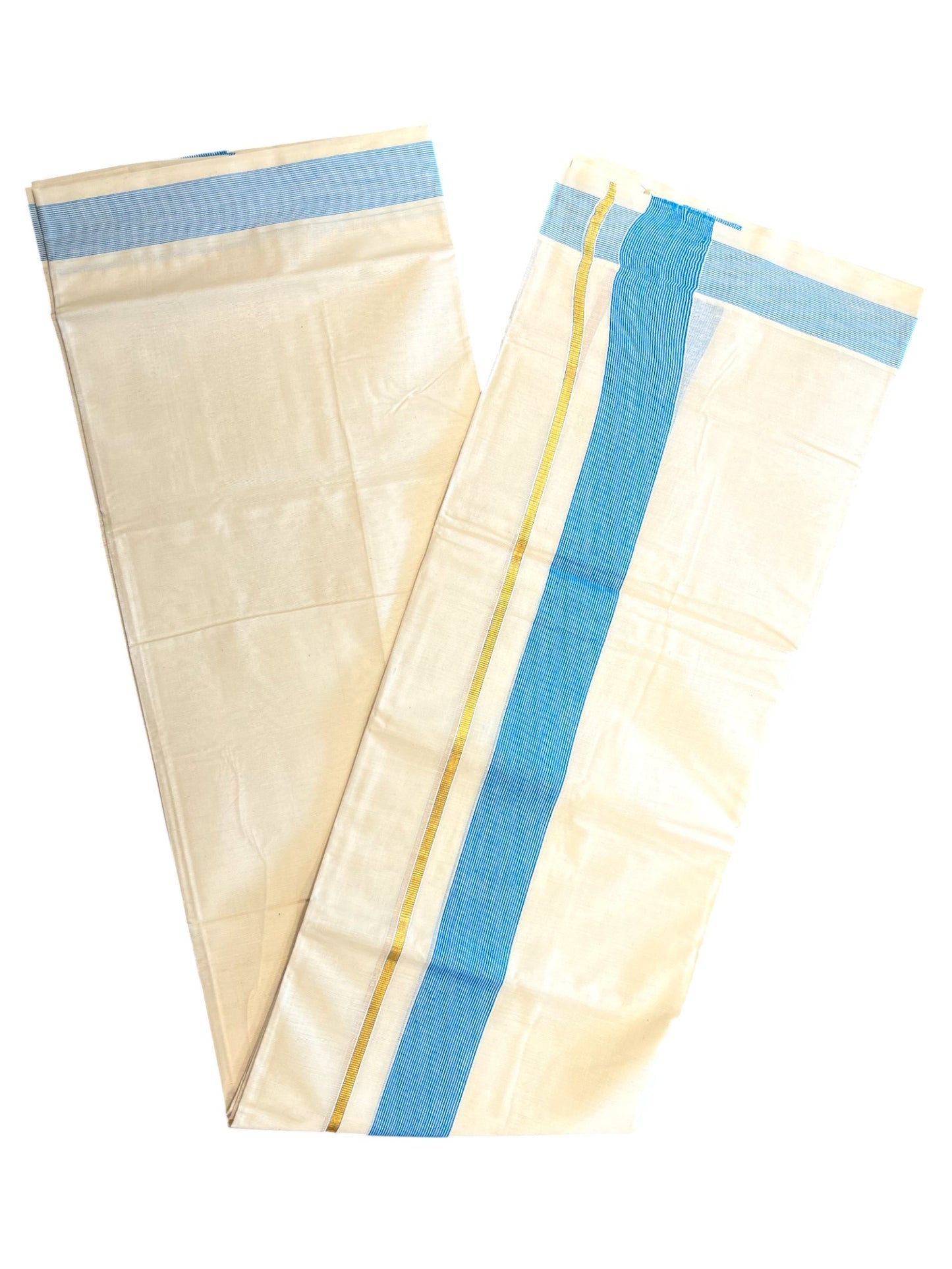 Southloom Kerala Pure Cotton Double Mundu with Gold Lines & Blue Border (South Indian Dhoti)