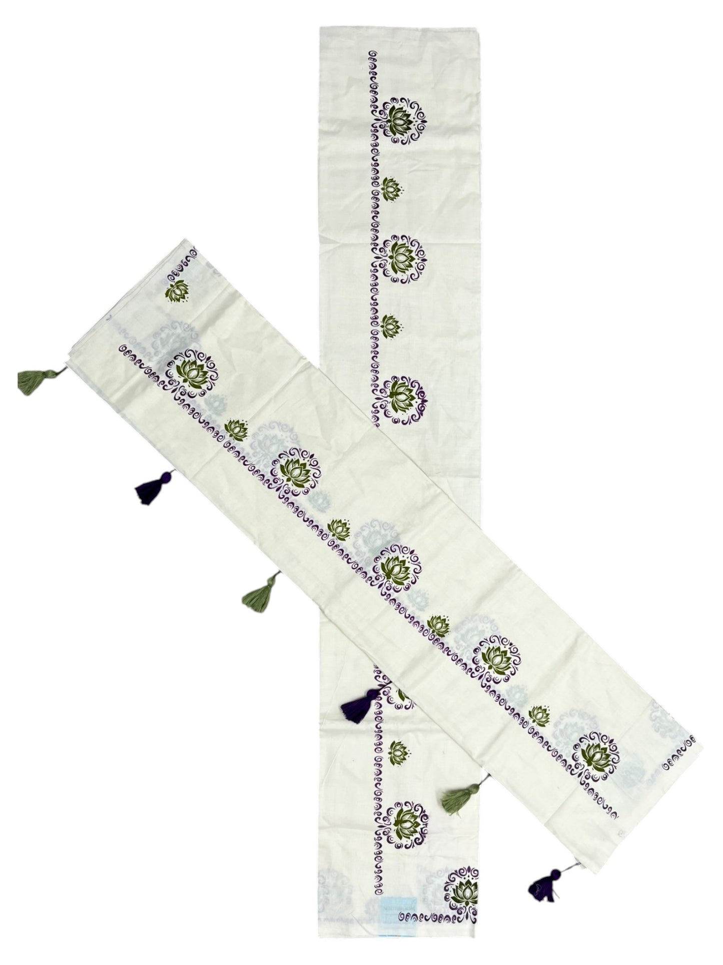 Southloom Kerala Cotton Single Set Mundu (Mundum Neriyathum) with Peach &Voilet Lotus Block Printed Design