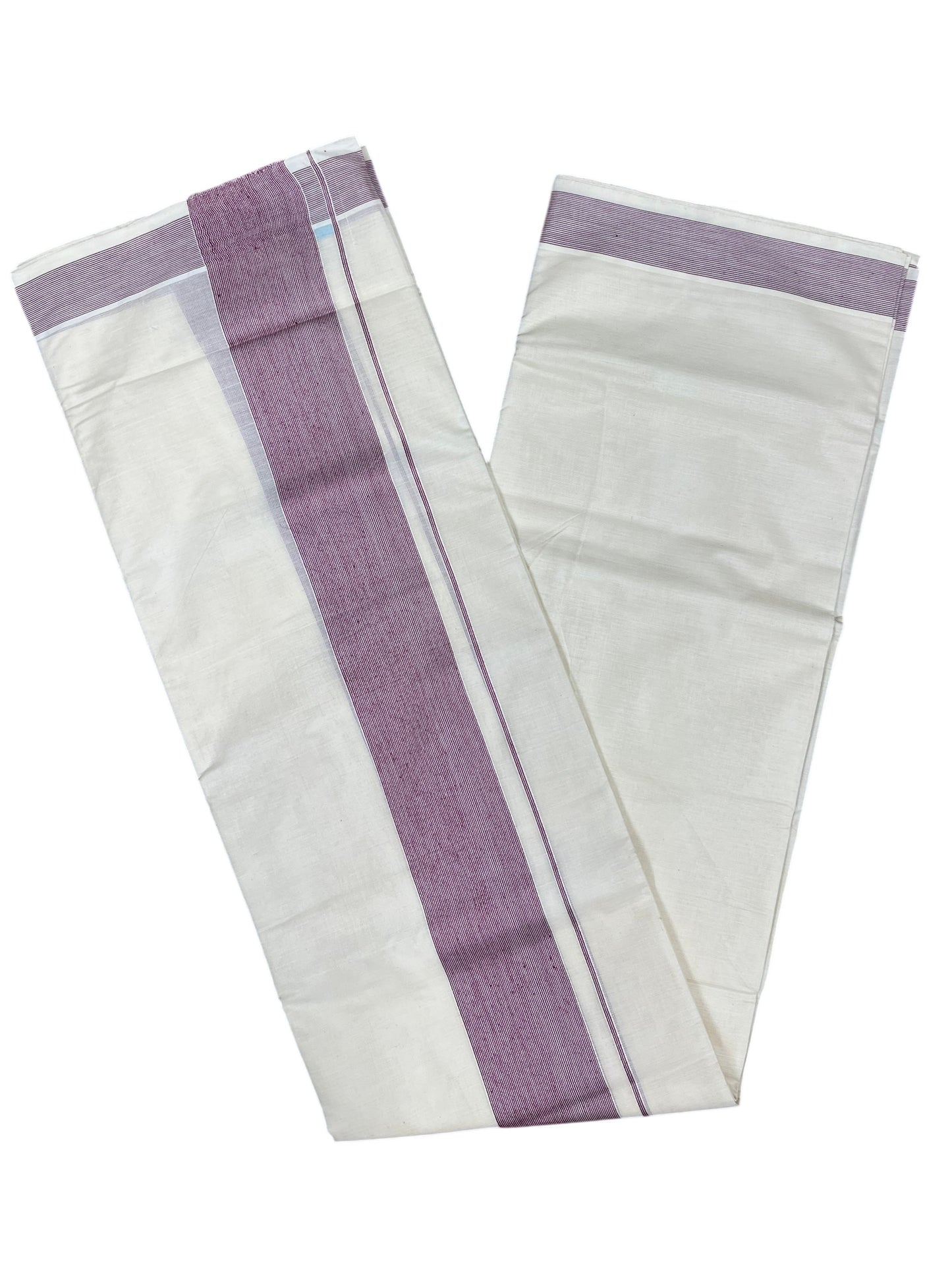 Southloom Kerala Pure Cotton Double Mundu with Maroon Lines Border (South Indian Kerala Dhoti)