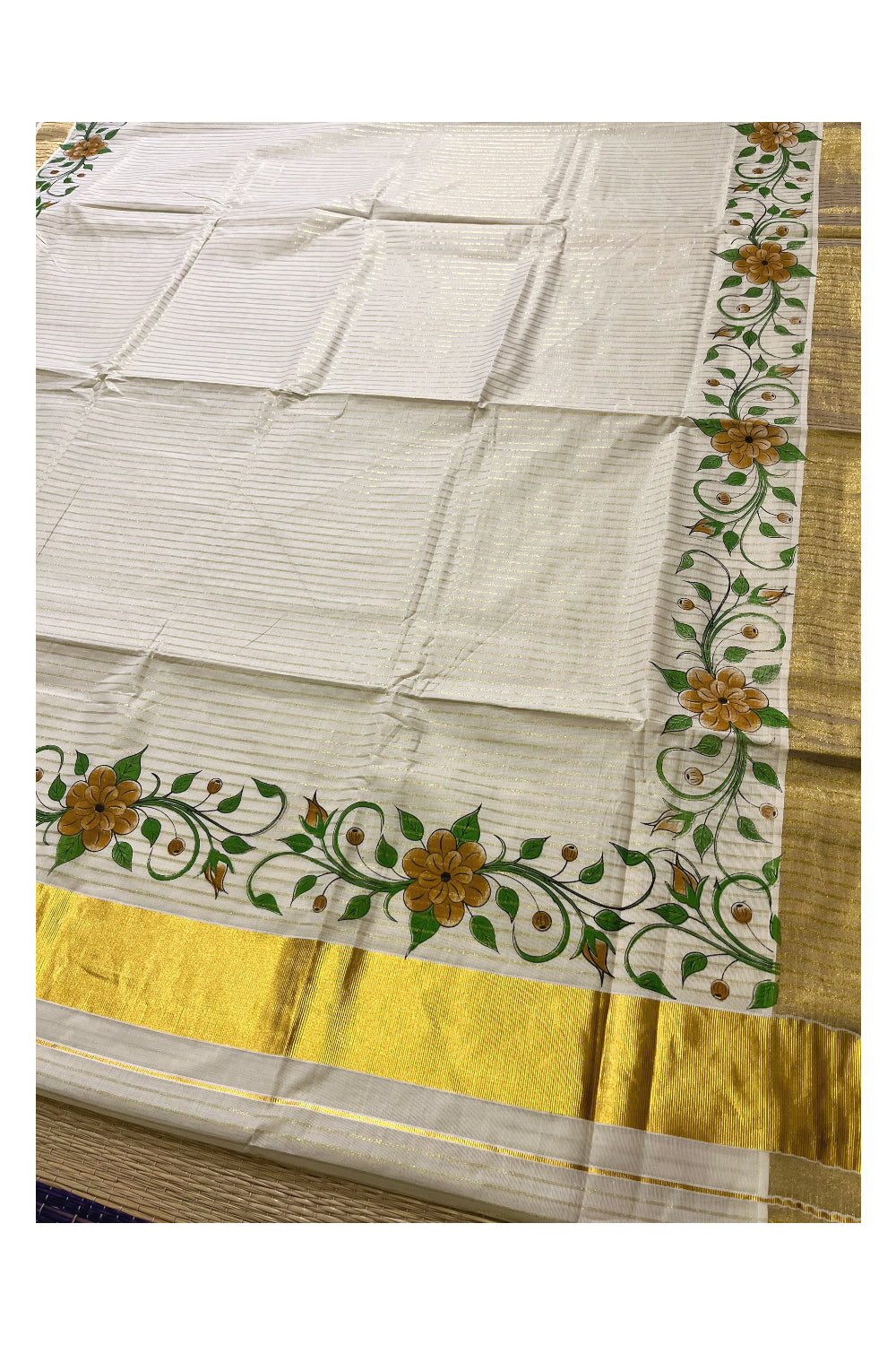 Pure Cotton Kerala Kasavu Lines Design and Brown Floral Block Printed Saree