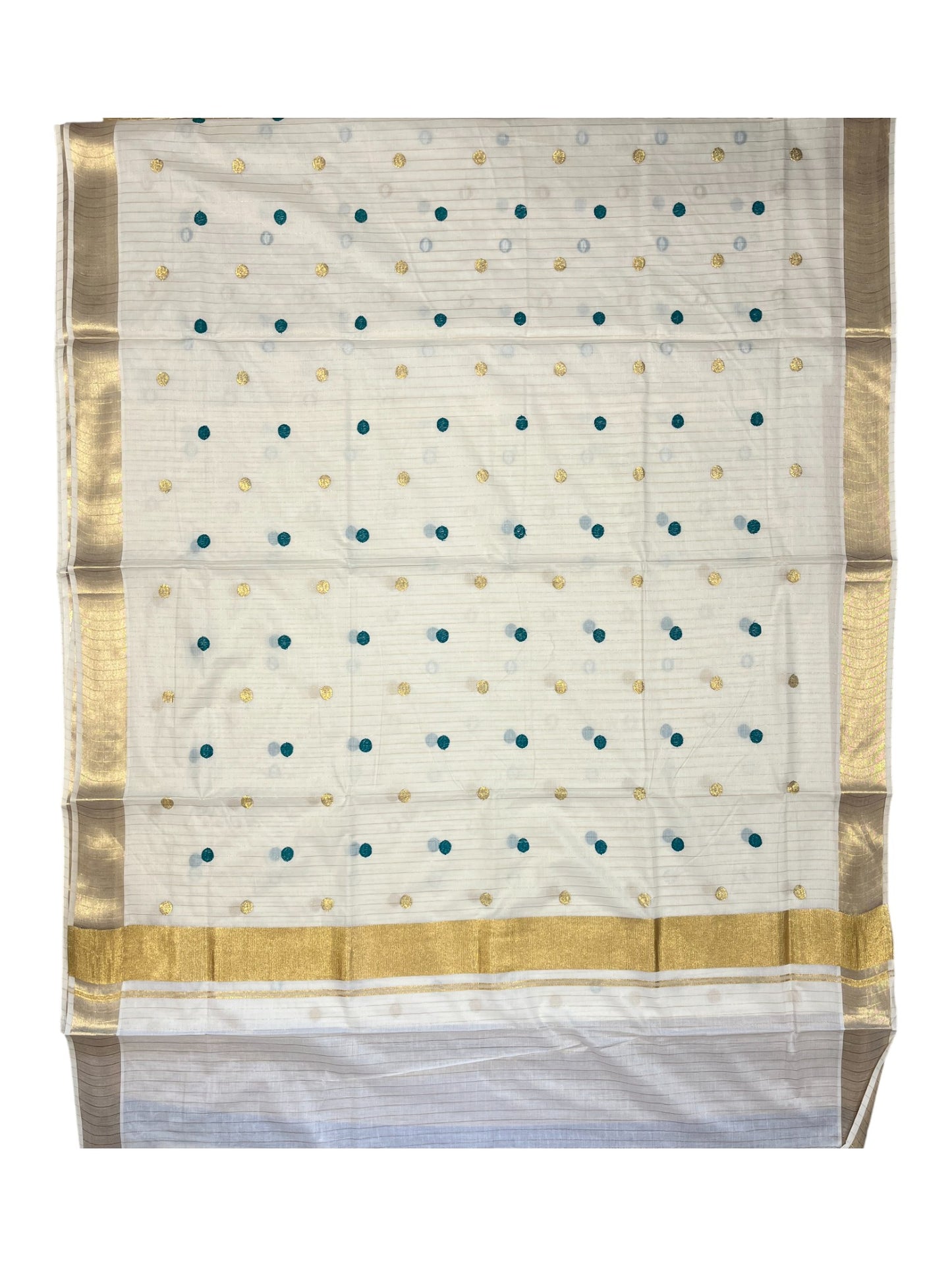 Southloom Kerala Pure Cotton Saree with Gold&Blue Polka Embroidery Works on Body