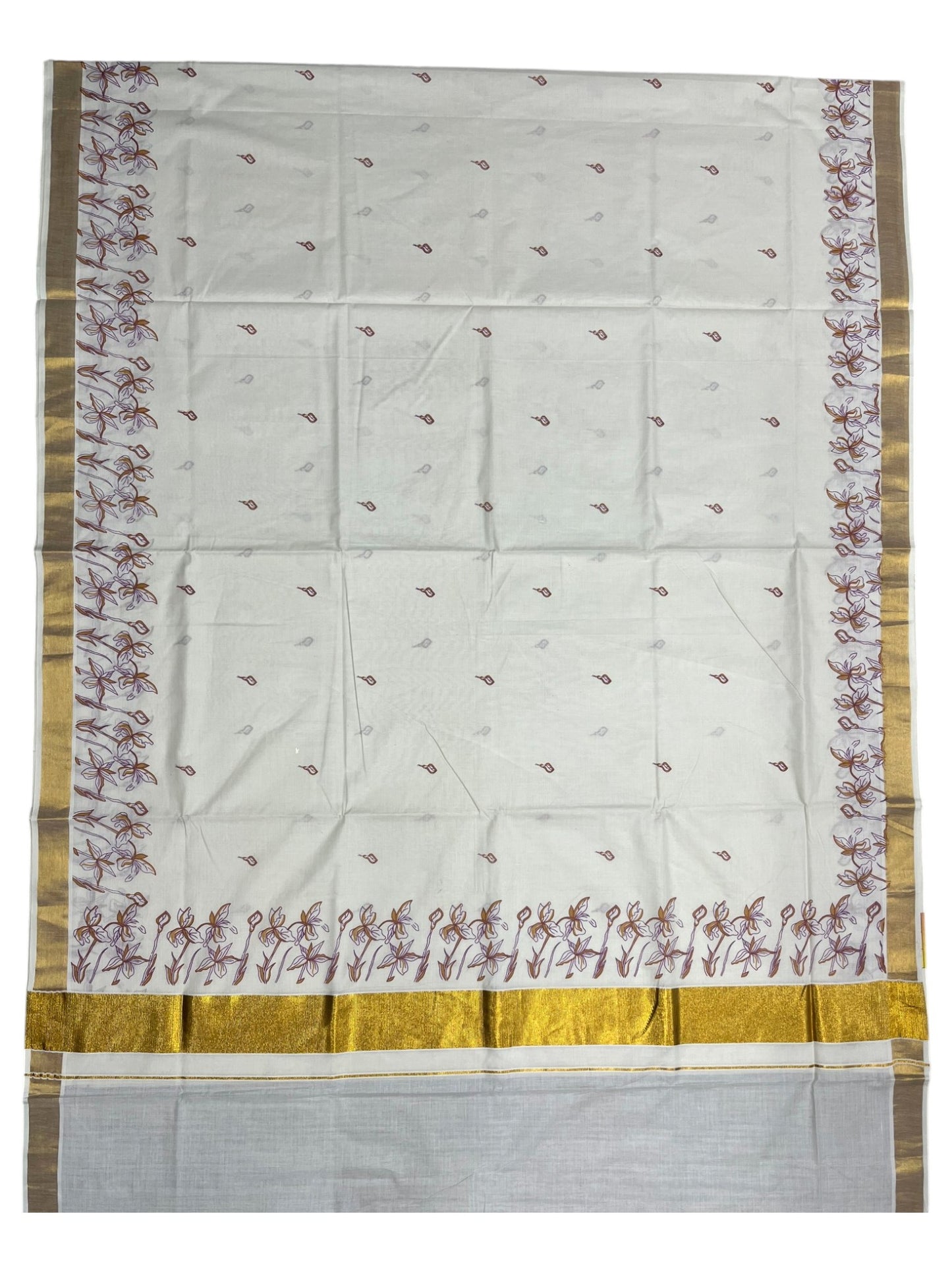 Southloom Cotton Kerala Kasavu Saree with Floral Printed