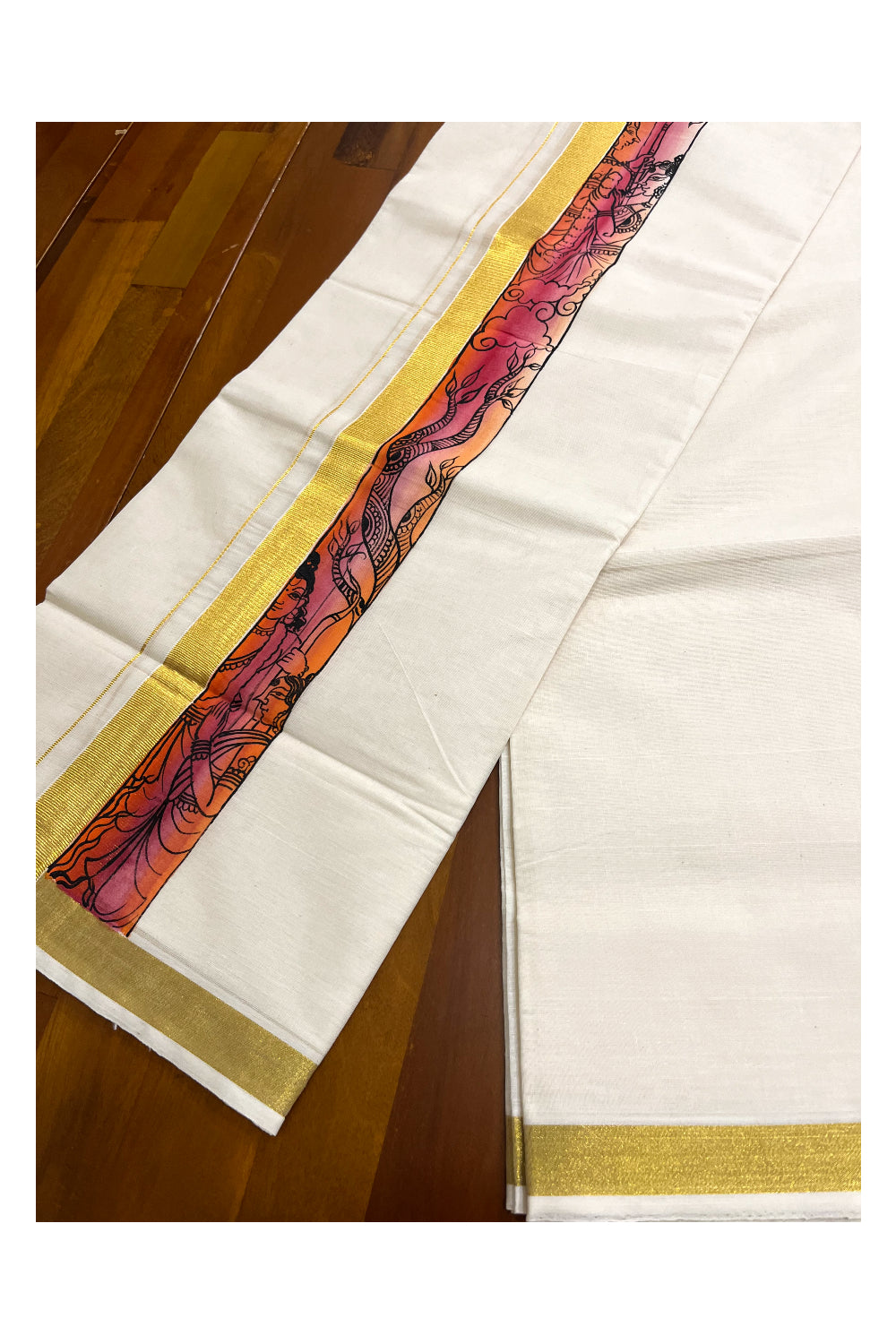 Kerala Pure Cotton Double Mundu with Mural Hand Painted Design on Kasavu Border (South Indian Kerala Dhoti)