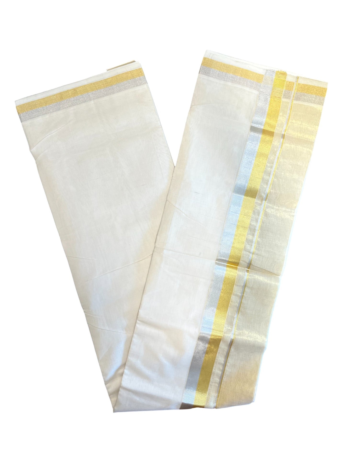 Southloom Premium Handloom Cotton Kasavu Double Mundu with Gold and Silver Border