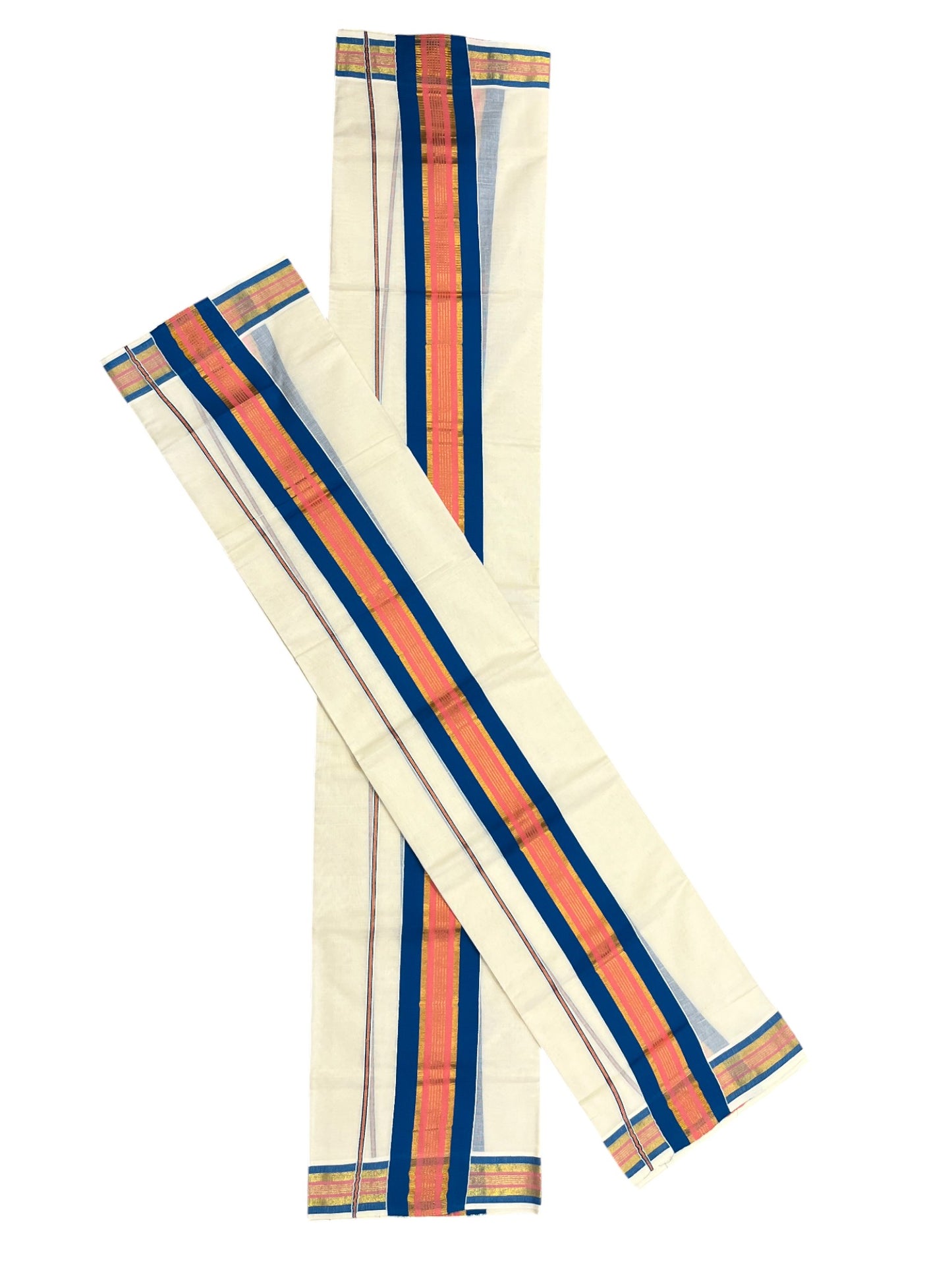 Kerala Cotton Kasavu Set Mundu (Mundum Neriyathum) with Blue and Pink Border
