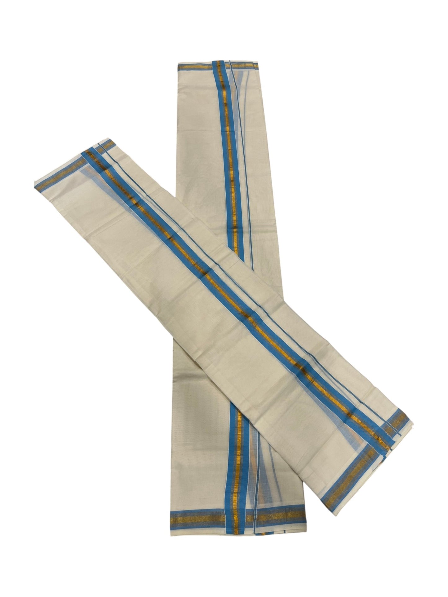 Southloom Kerala Cotton  Single Set Mundu (Mundum Neriyathum) with Kasavu and Blue Border