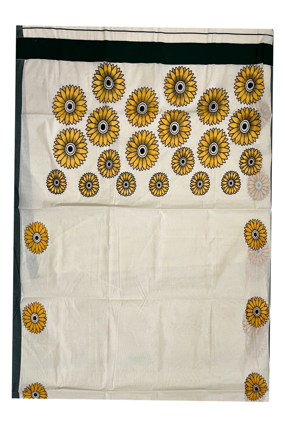 Kerala Cotton Saree with Sunflower Prints on Body and Dark Green Border