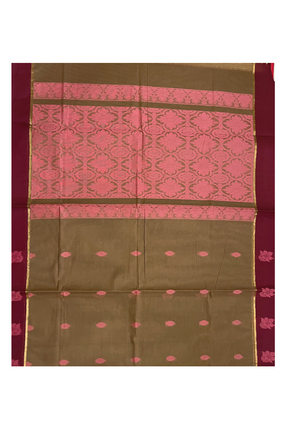 Southloom Cotton Brown Saree with Dark Red Floral Woven Border