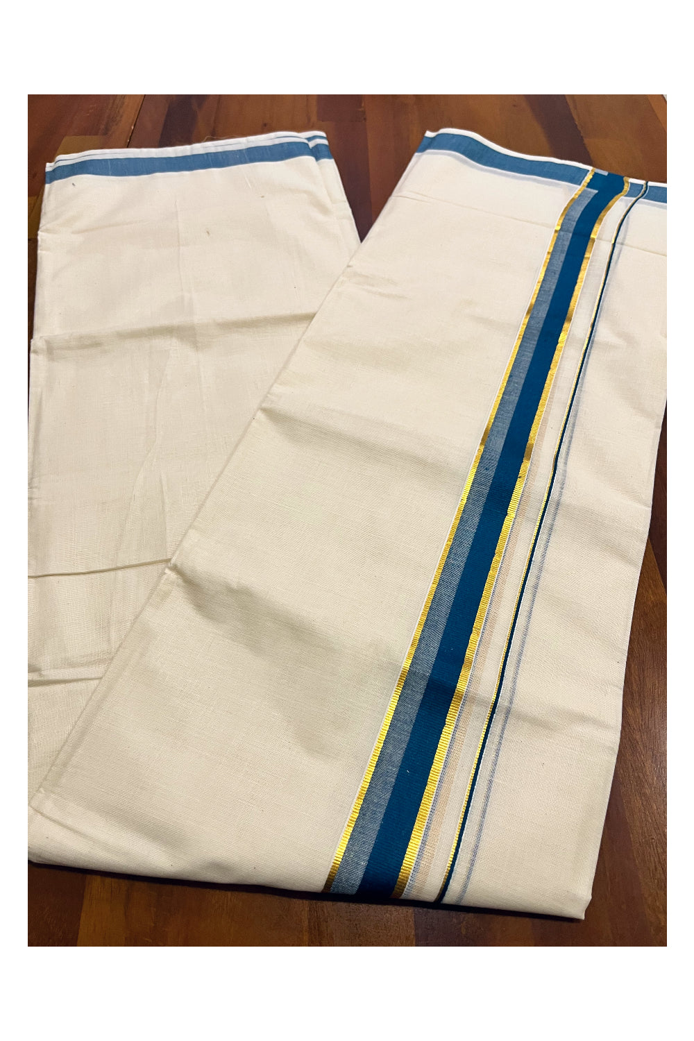 Kerala Pure Cotton Double Mundu with Teal Blue and Kasavu Border (South Indian Kerala Dhoti)