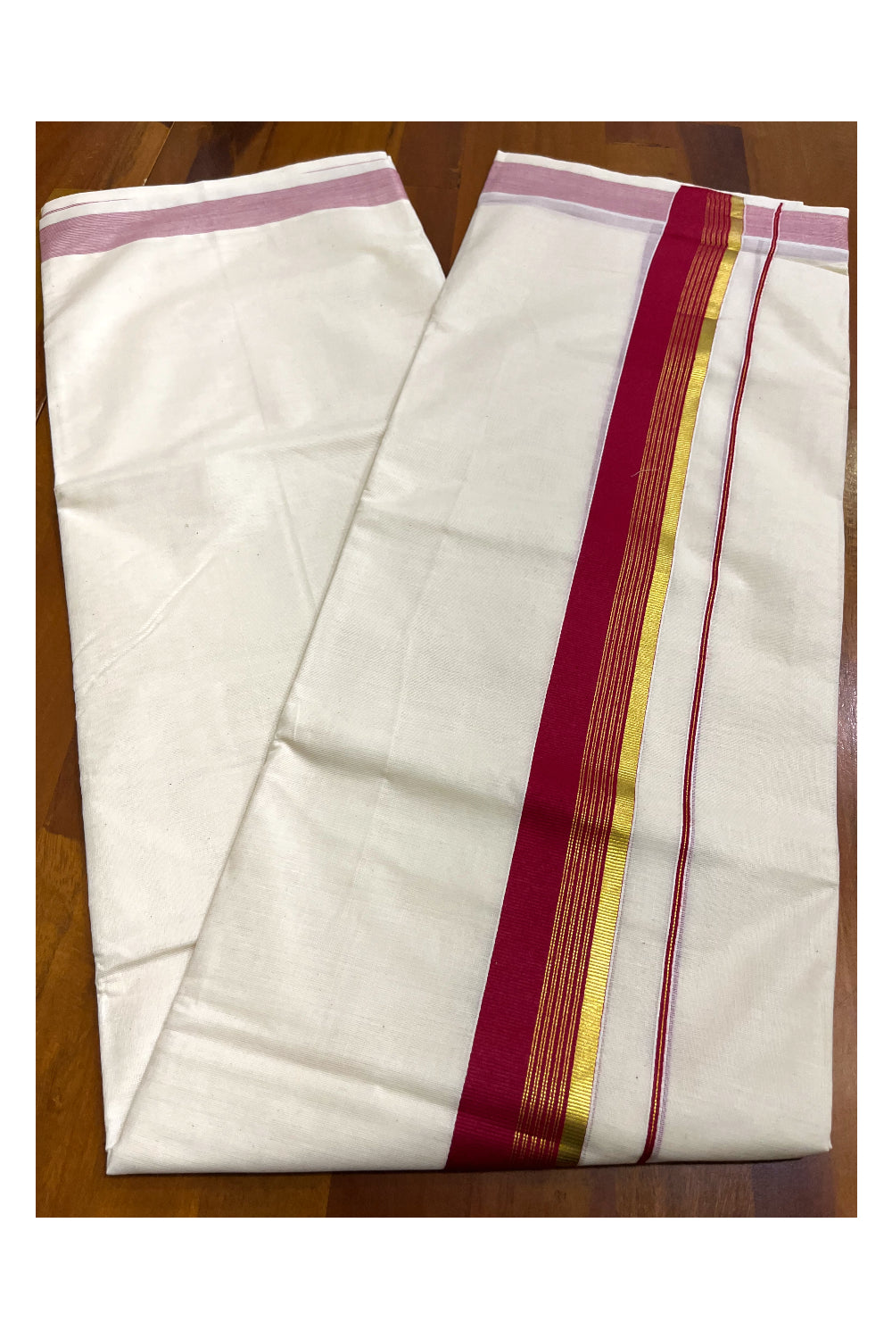 Kerala Pure Cotton Double Mundu with Maroon and Kasavu Border (South Indian Kerala Dhoti)