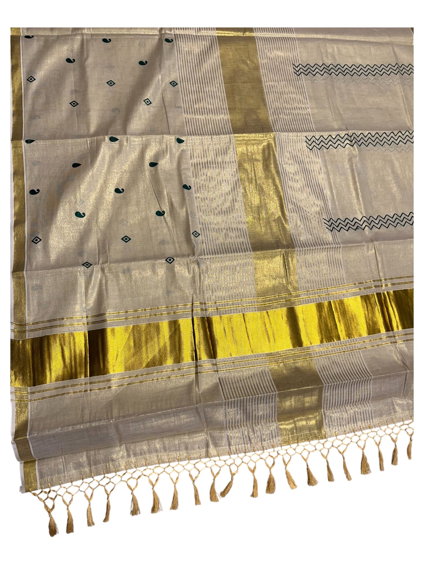 Southloom Kerala Tissue Kasavu Saree Green Hand Printed