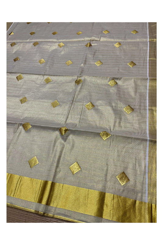 Kerala Tissue Kasavu Striped Saree with Diagonal Woven Designs on Body and Pallu