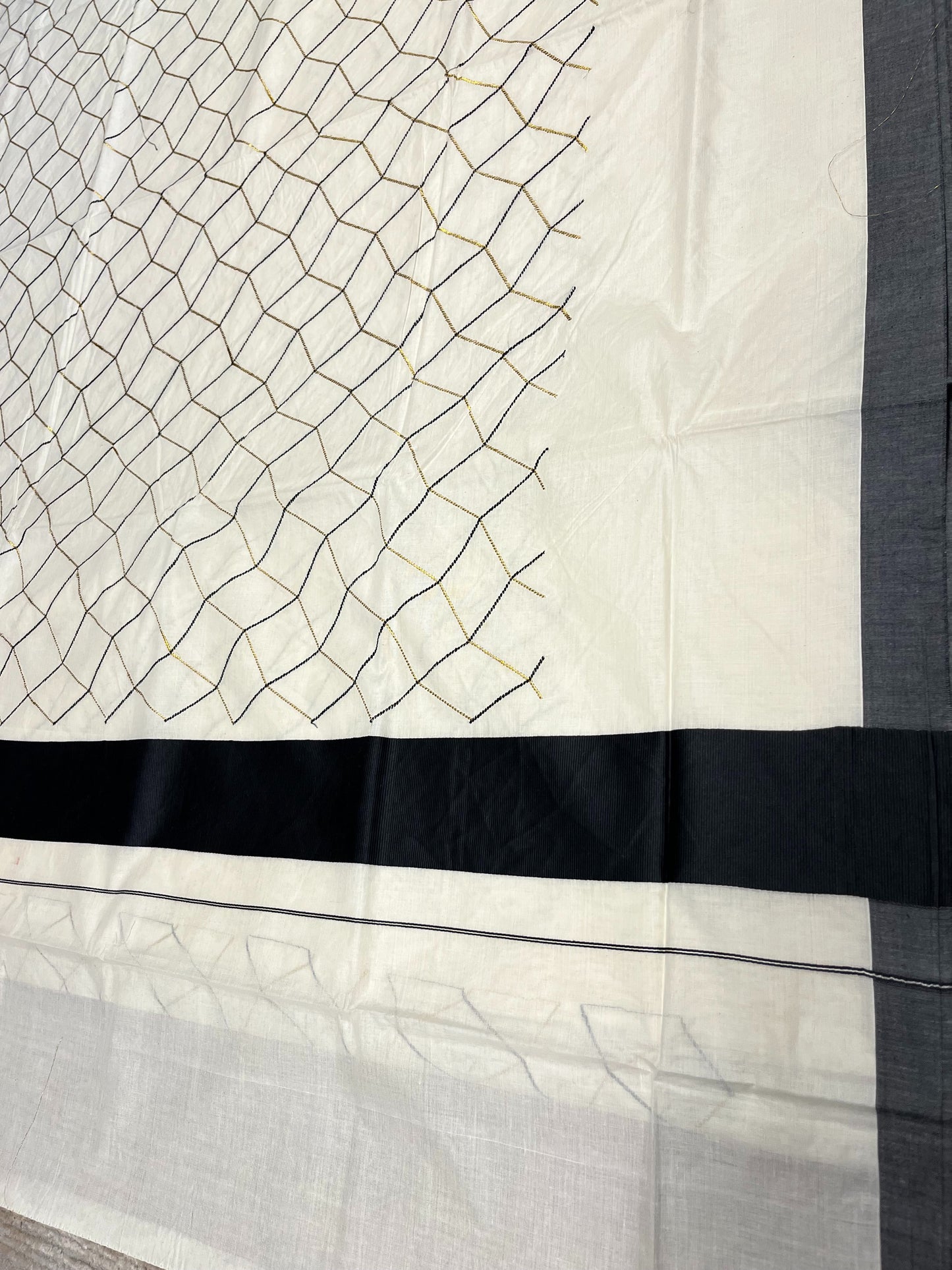 Southloom Cotton Kerala Kasavu Saree with Black and Golden Floral Designs