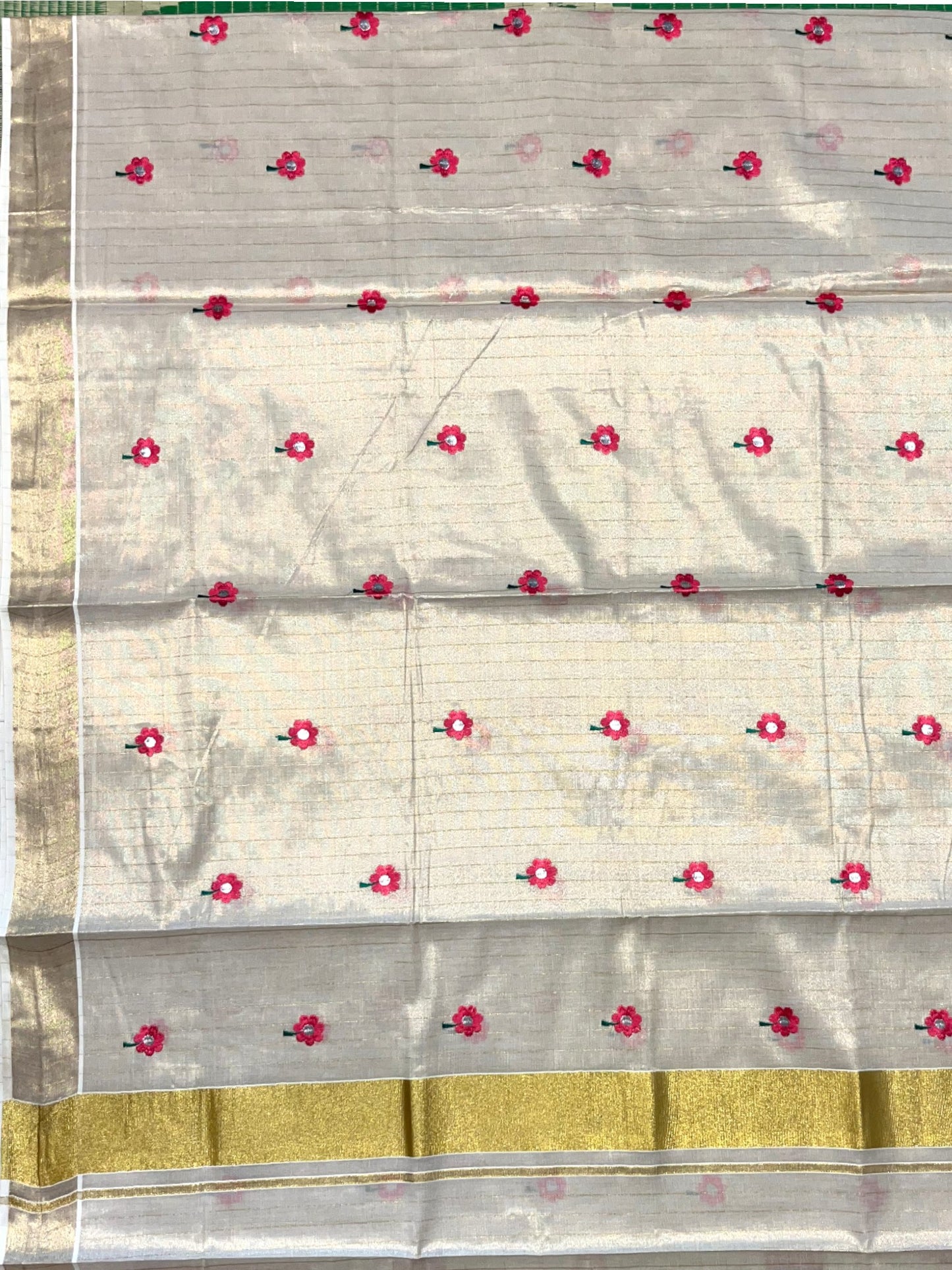 Southloom Tissue Kerala Kasavu Stripes Saree with Pink Floral Embroidery Design