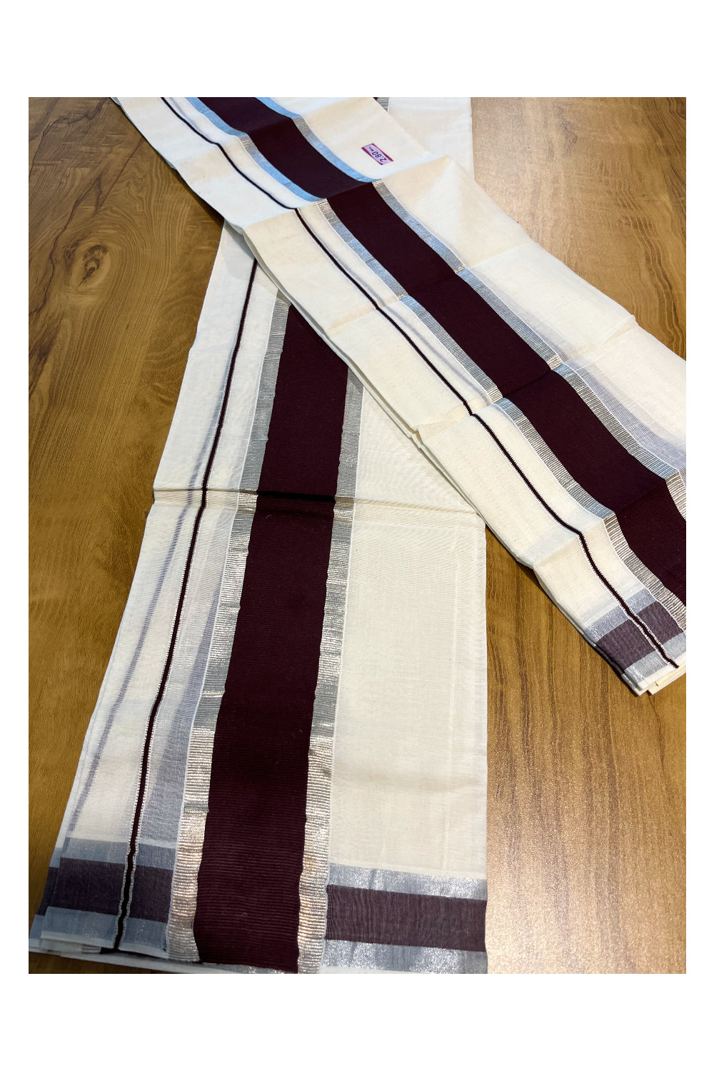 Kerala Cotton Mundum Neriyathum Single (Set Mundu) with Dark Brown and Silver Kasavu Border 2.80 Mtrs  SLKK SL470