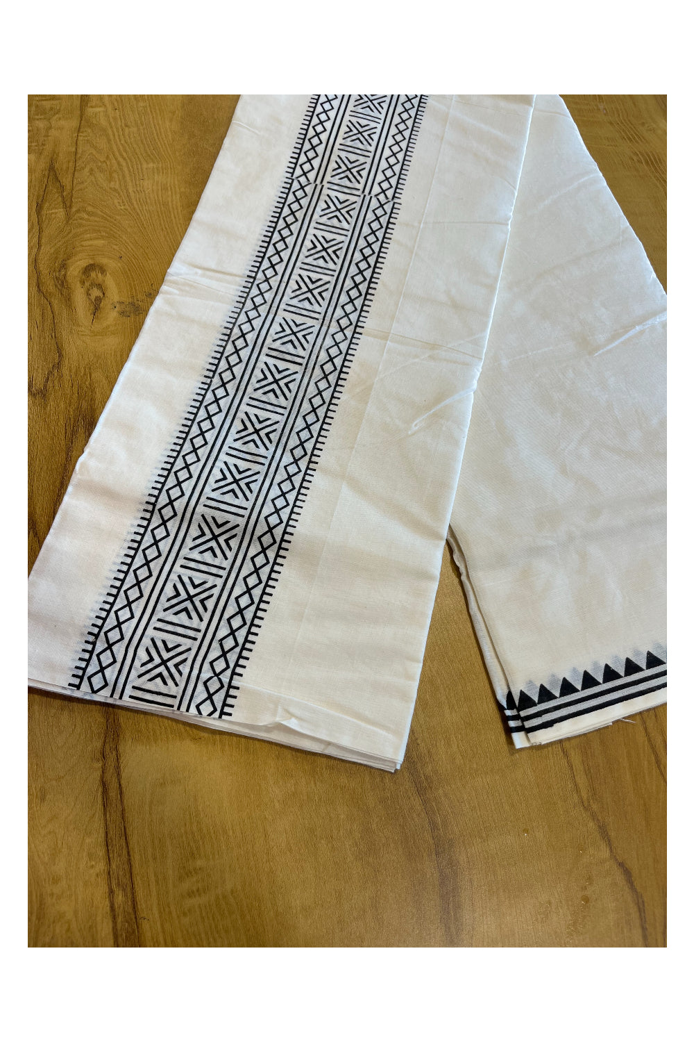 Pure Cotton Off White Double Mundu with Block Prints on Black Kara (South Indian Dhoti)