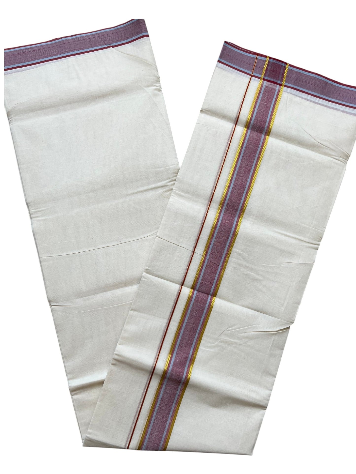 Southloom Pure Cotton Mundu with Golden Lines and Maroon Border (South Indian Kerala Dhoti)