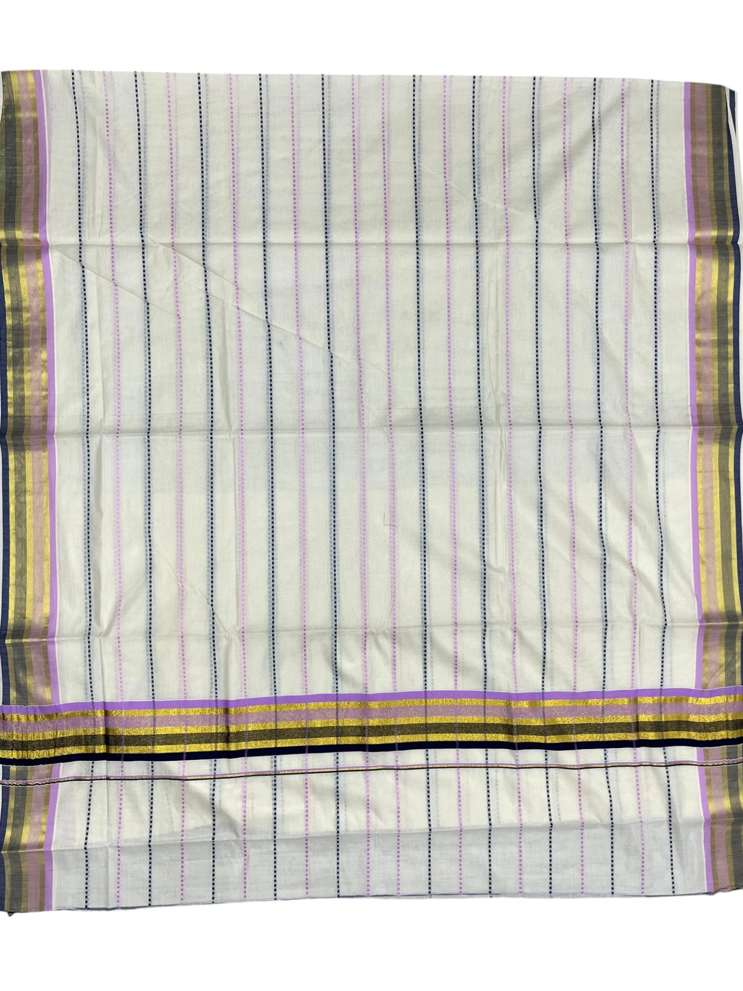 Southloom Cotton Kasavu Saree with Lavendar and Black Thread Work Across Body
