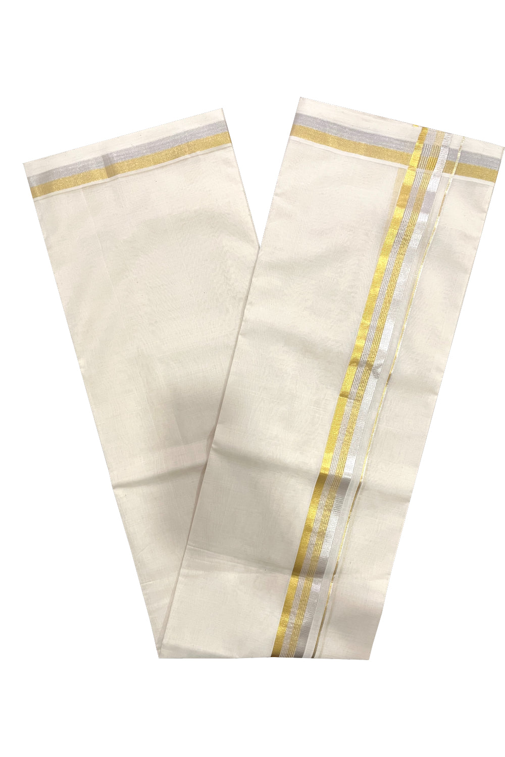 Southloom Premium Balaramapuram Unakkupaavu Wedding Handloom Mundu with Golden and Silver Kasavu Border (South Indian Kerala Dhoti)