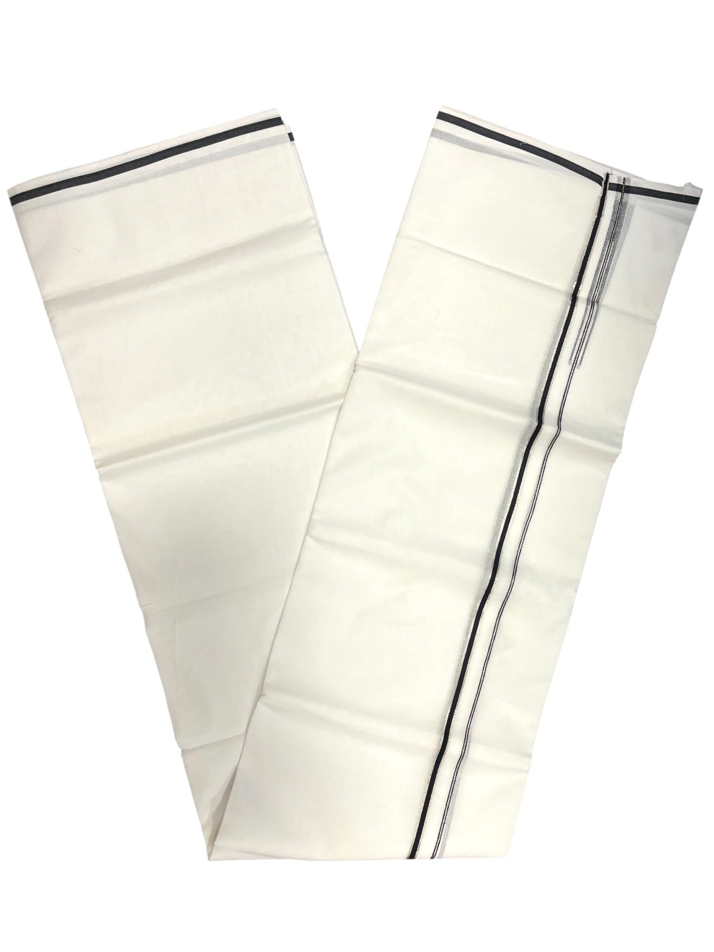 Pure White Cotton Double Mundu with Silver and Black Chutti Kara (South Indian Dhoti)