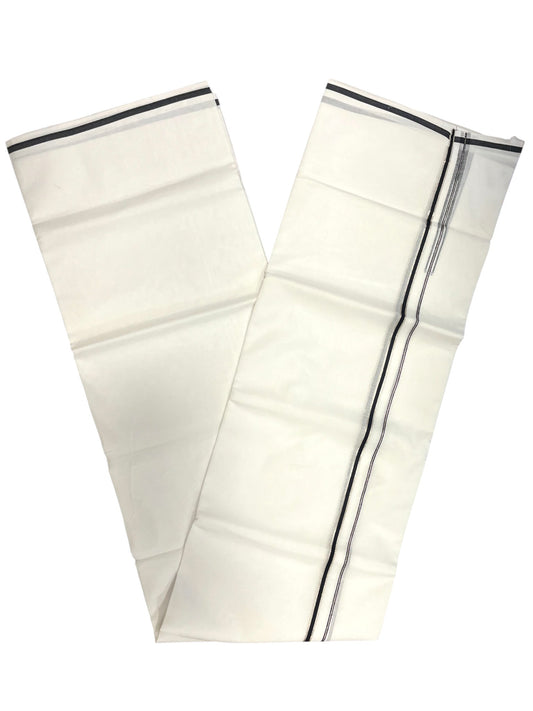 Pure White Cotton Double Mundu with Silver and Black Chutti Kara (South Indian Dhoti)