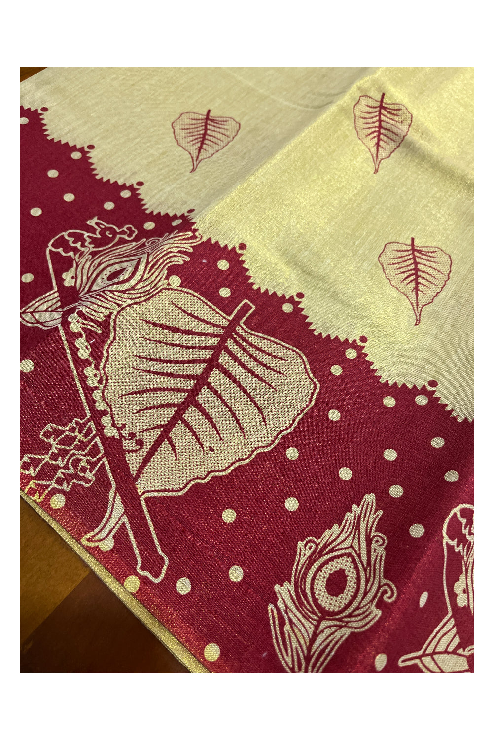 Kerala Tissue Block Printed Pavada and Red Designer Blouse Material for Kids/Girls 4.3 Meters