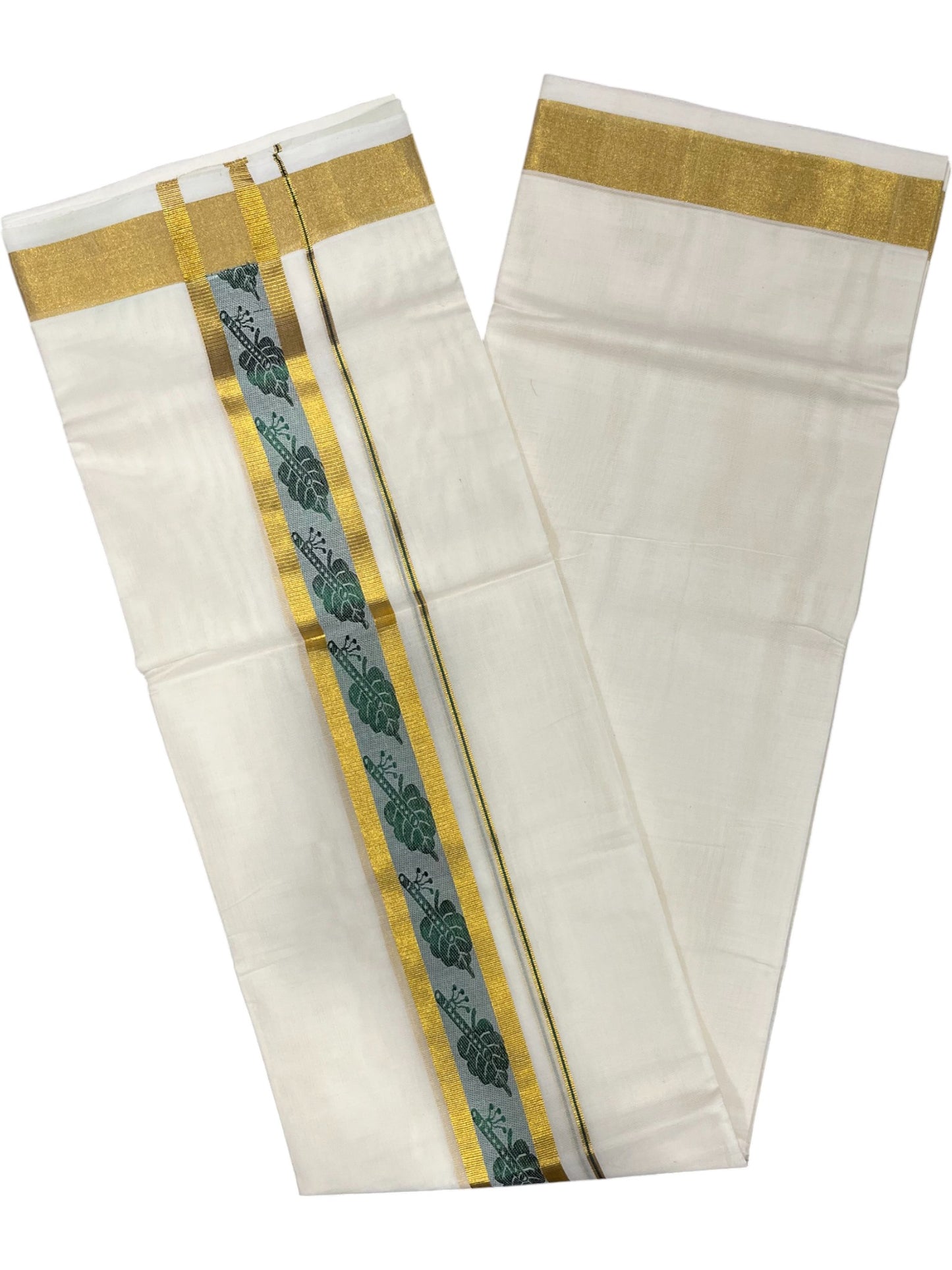 Southloom Premium Handloom Cotton Double Mundu with Gold And Green Woven Work Kasavu Border