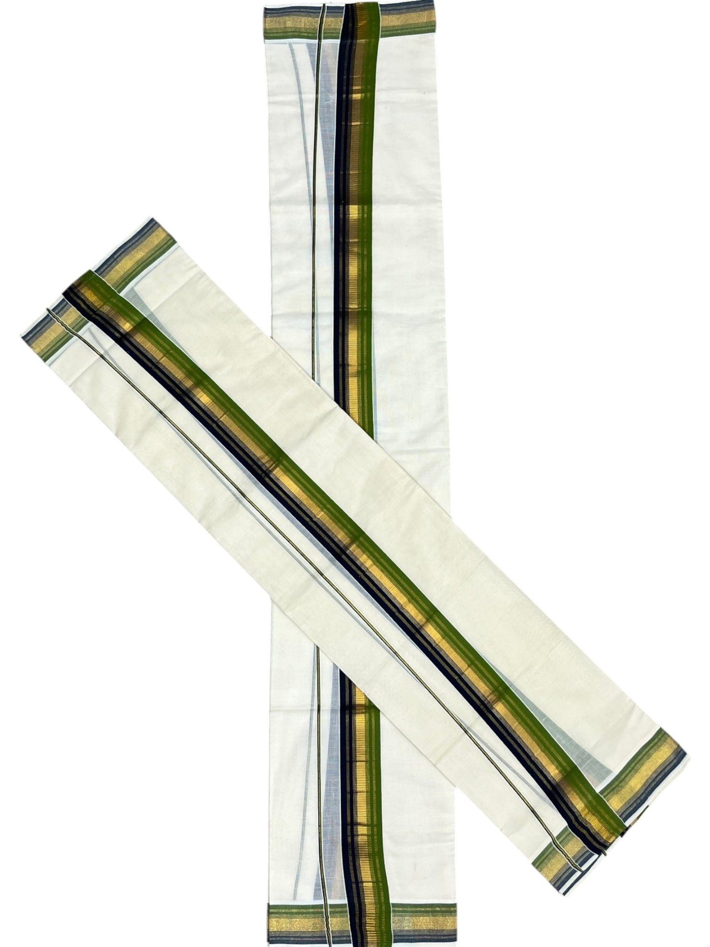 Southloom Kerala Cotton Kasavu Single Set Mundu (Mundum Neriyathum) with Blue and Olive Green Kasavu Border SLKK SL480