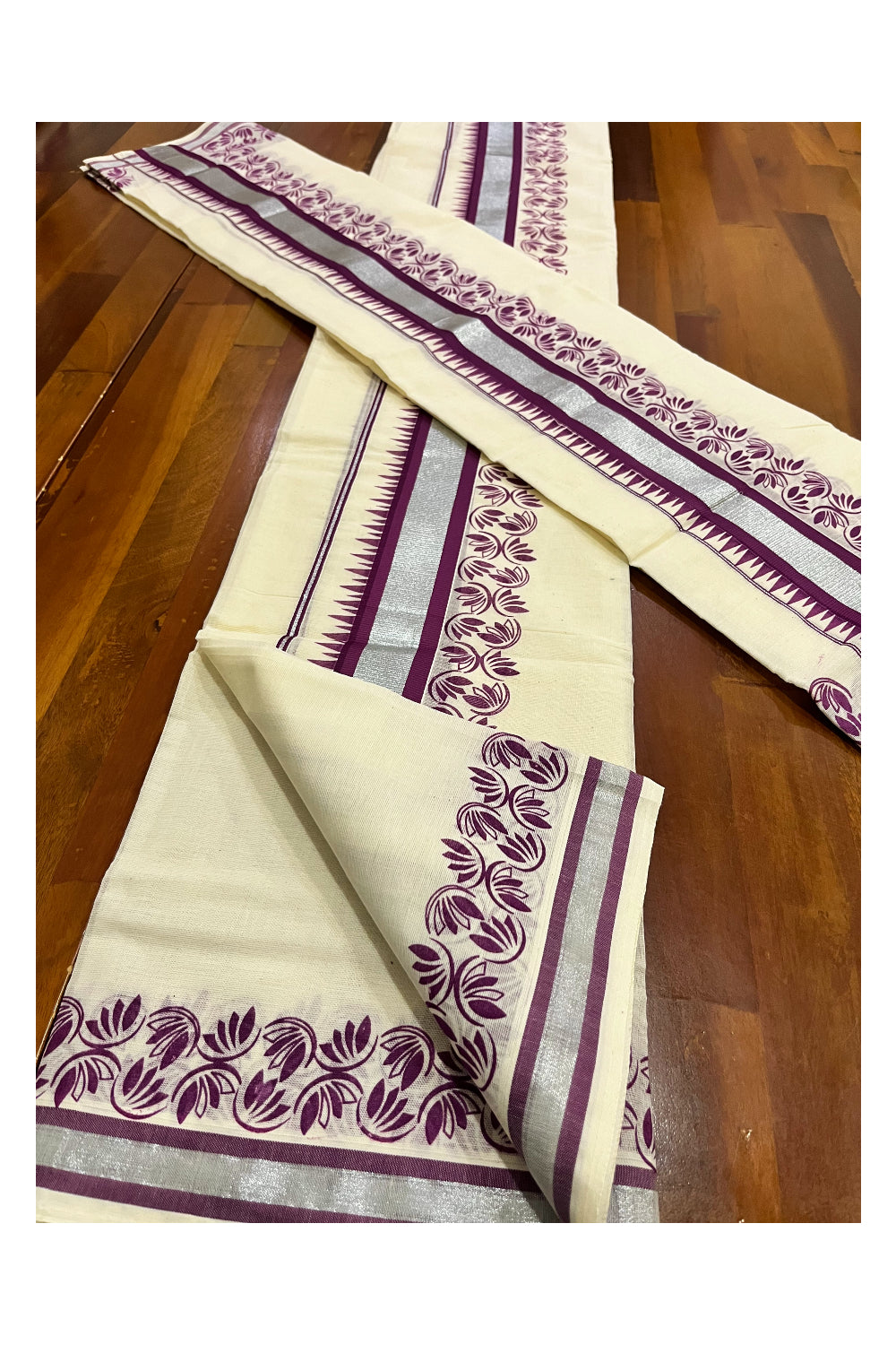 Kerala Pure Cotton Set Mundu Single (Mundum Neriyathum) with Purple Floral Temple Block Prints on Silver Kasavu Border