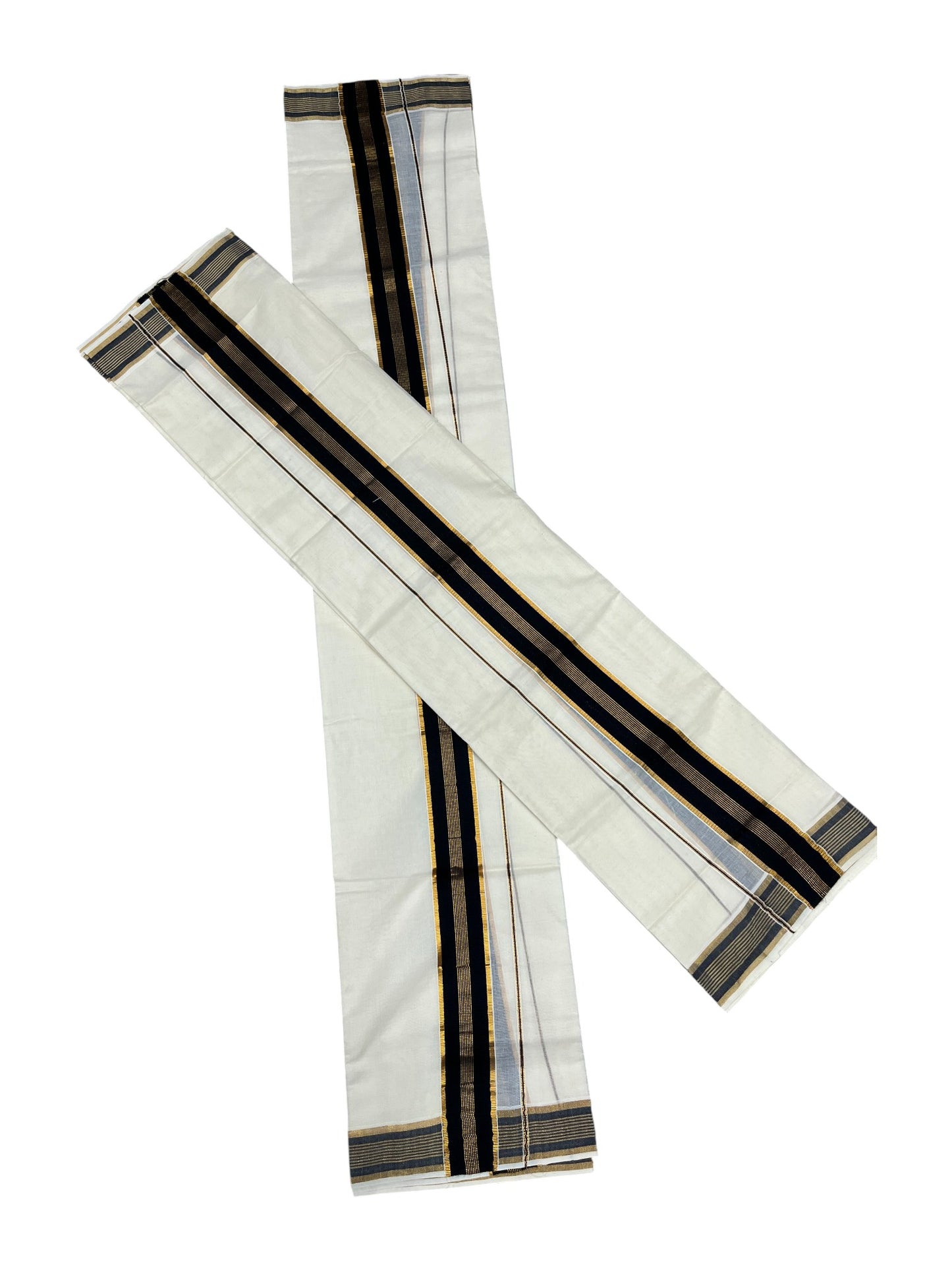 Kerala Cotton Kasavu Single Set Mundu (Mundum Neriyathum) with Black Kasavu Border
