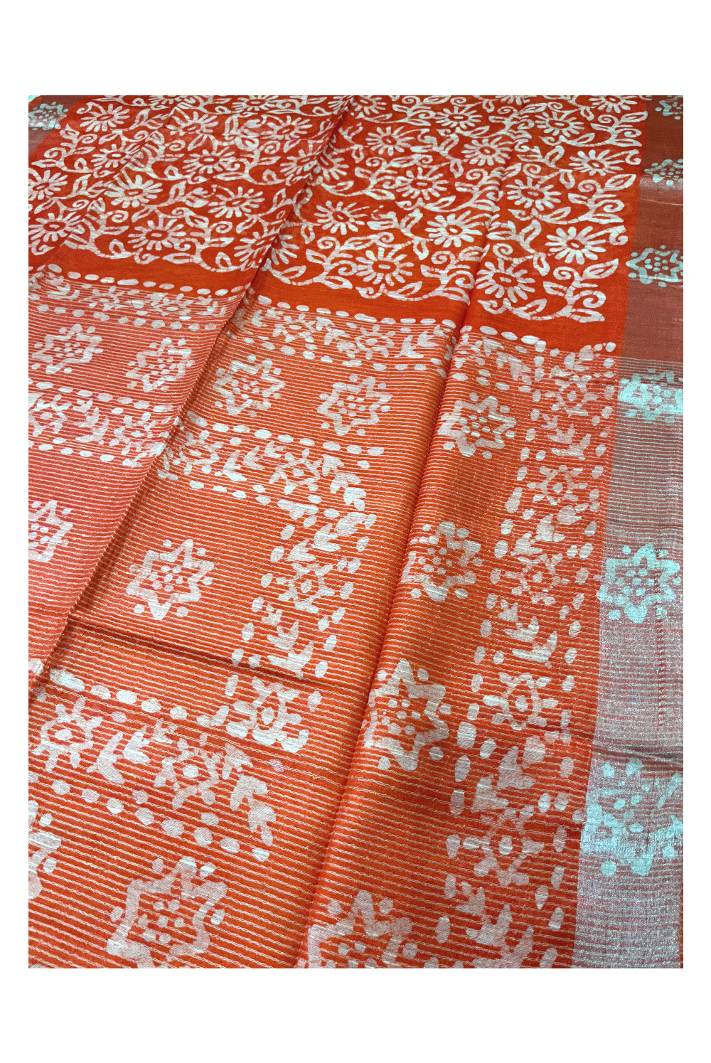 Southloom Cotton Orange Saree with Baswara Prints on Body and Pallu