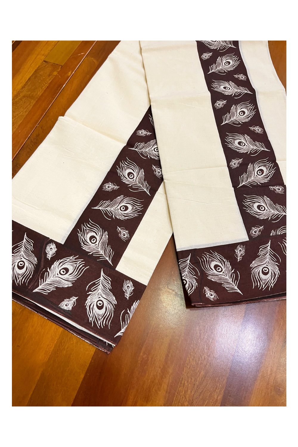 Kerala Cotton Brown Feather Prints Set Mundu (Mundum Neriyathum) with Seperate Blouse Piece