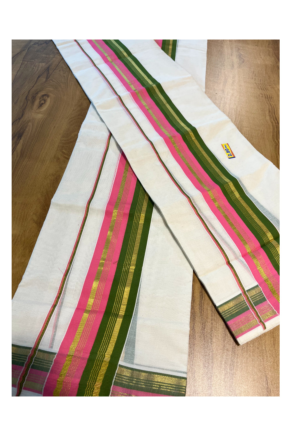 Kerala Cotton Kasavu Set Mundu (Mundum Neriyathum) with Pink Olive Green Border 2.80 Mtrs