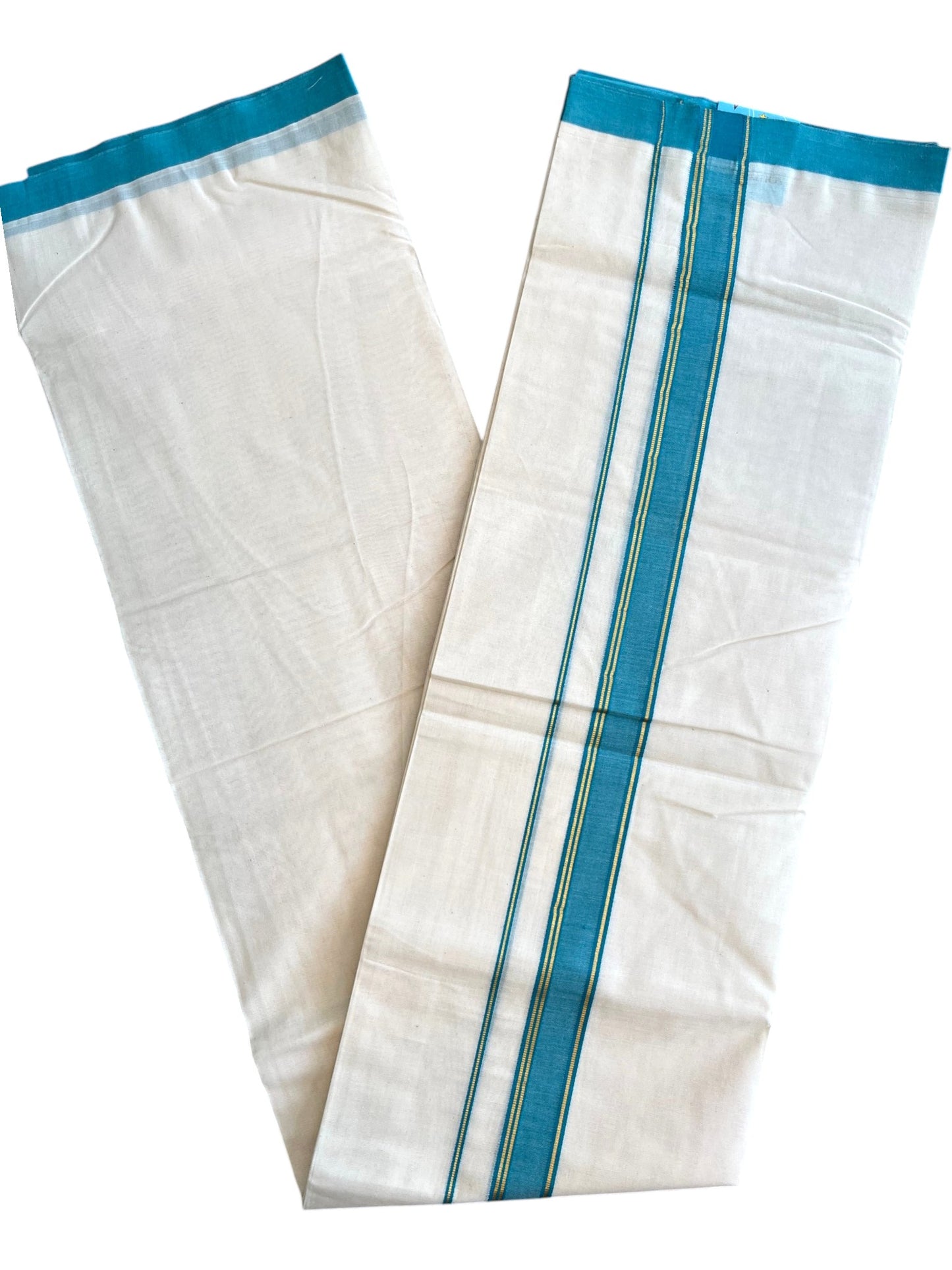 Southloom Pure Cotton Mundu with Golden Lines and Blue Border (South Indian Kerala Dhoti)