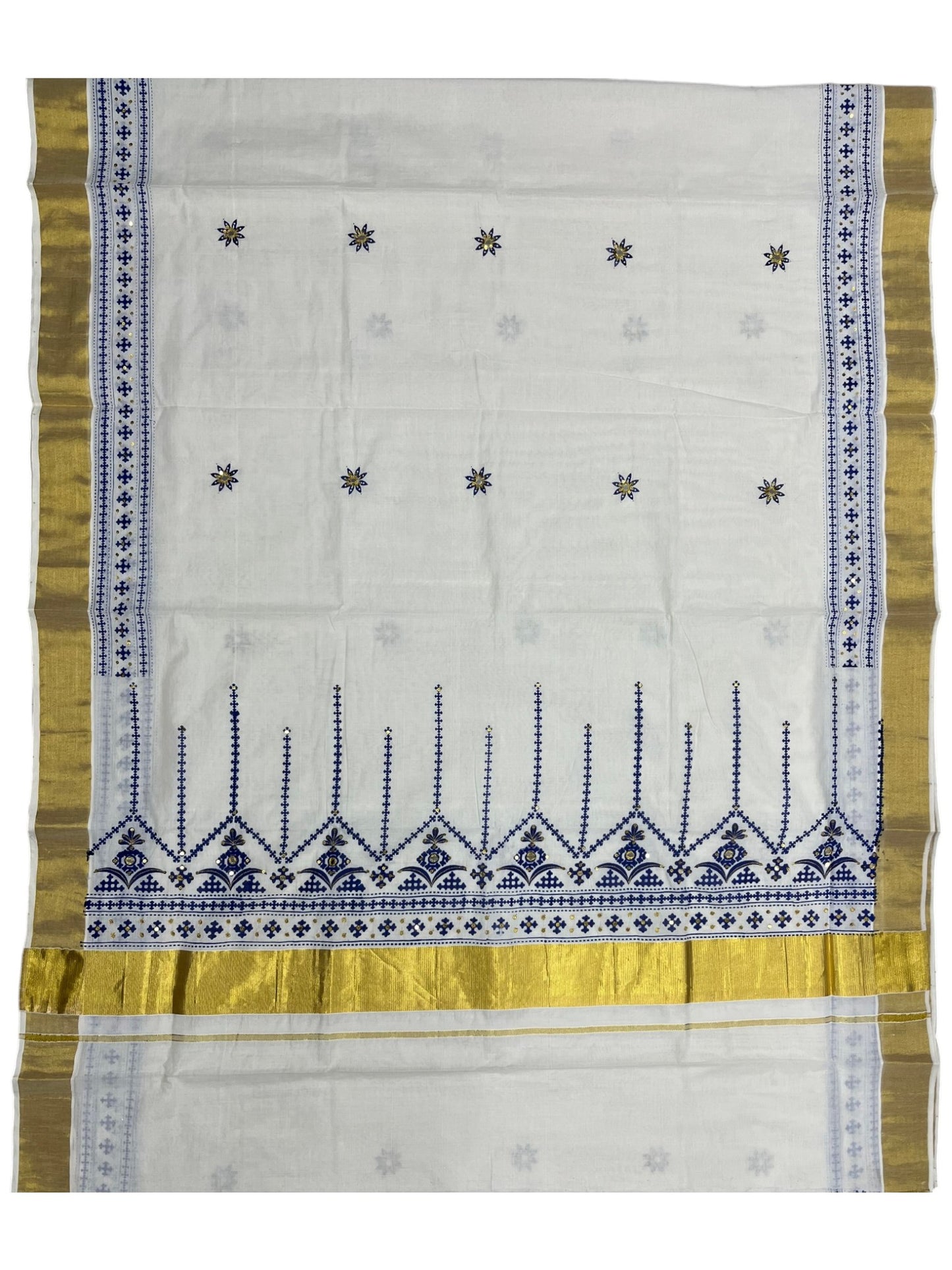 Southloom Pure Cotton Kerala Kasavu Saree with Blue Embroidery Designs