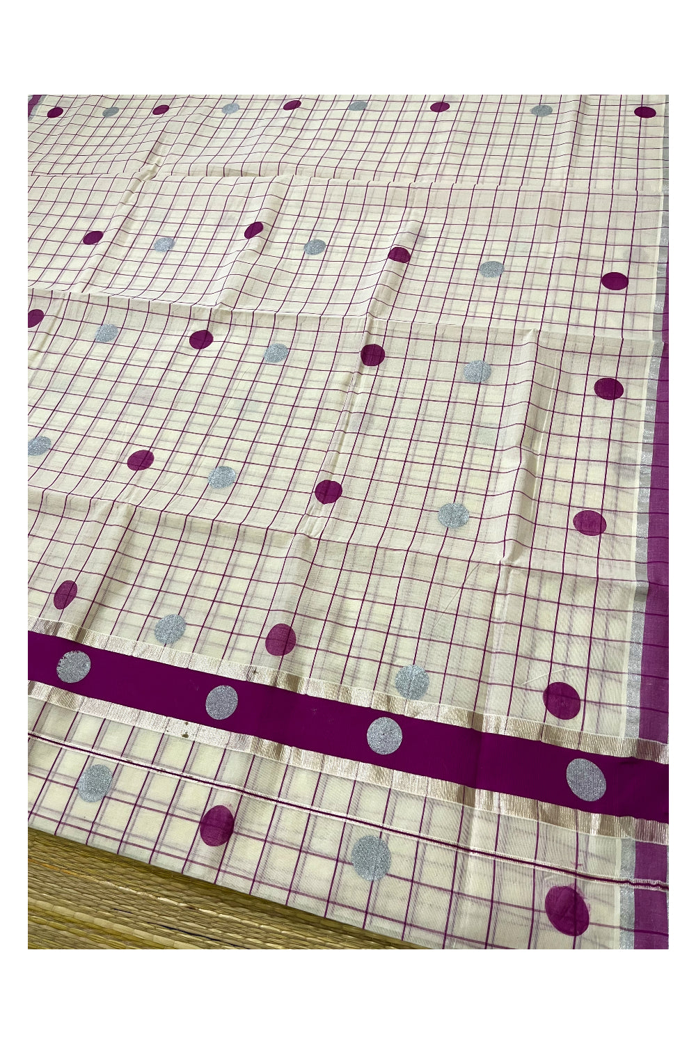 Kerala Pure Cotton Check Designs Saree with Silver and Magenta Polka Prints